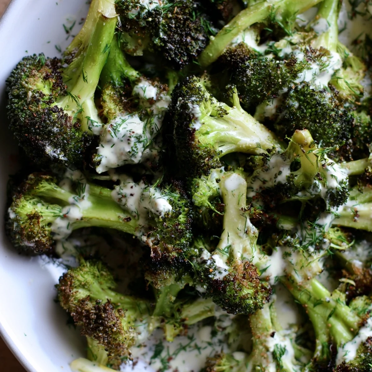 Close-up of Roasted Broccoli With Lemon Tahini Herb Sauce, caramelized, creamy drizzle  