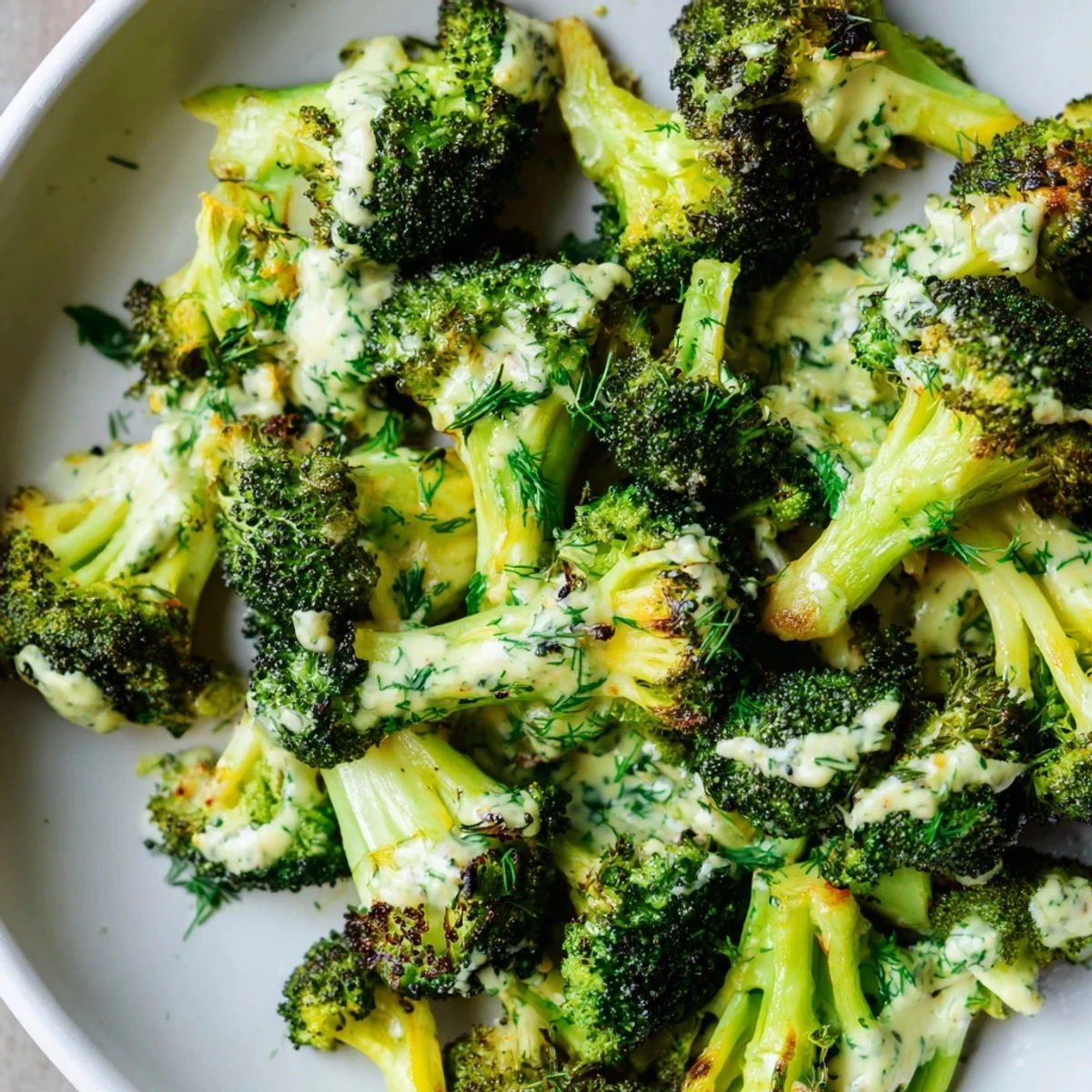 Sizzling florets in Roasted Broccoli With Lemon Tahini Herb Sauce, served with lemon  
