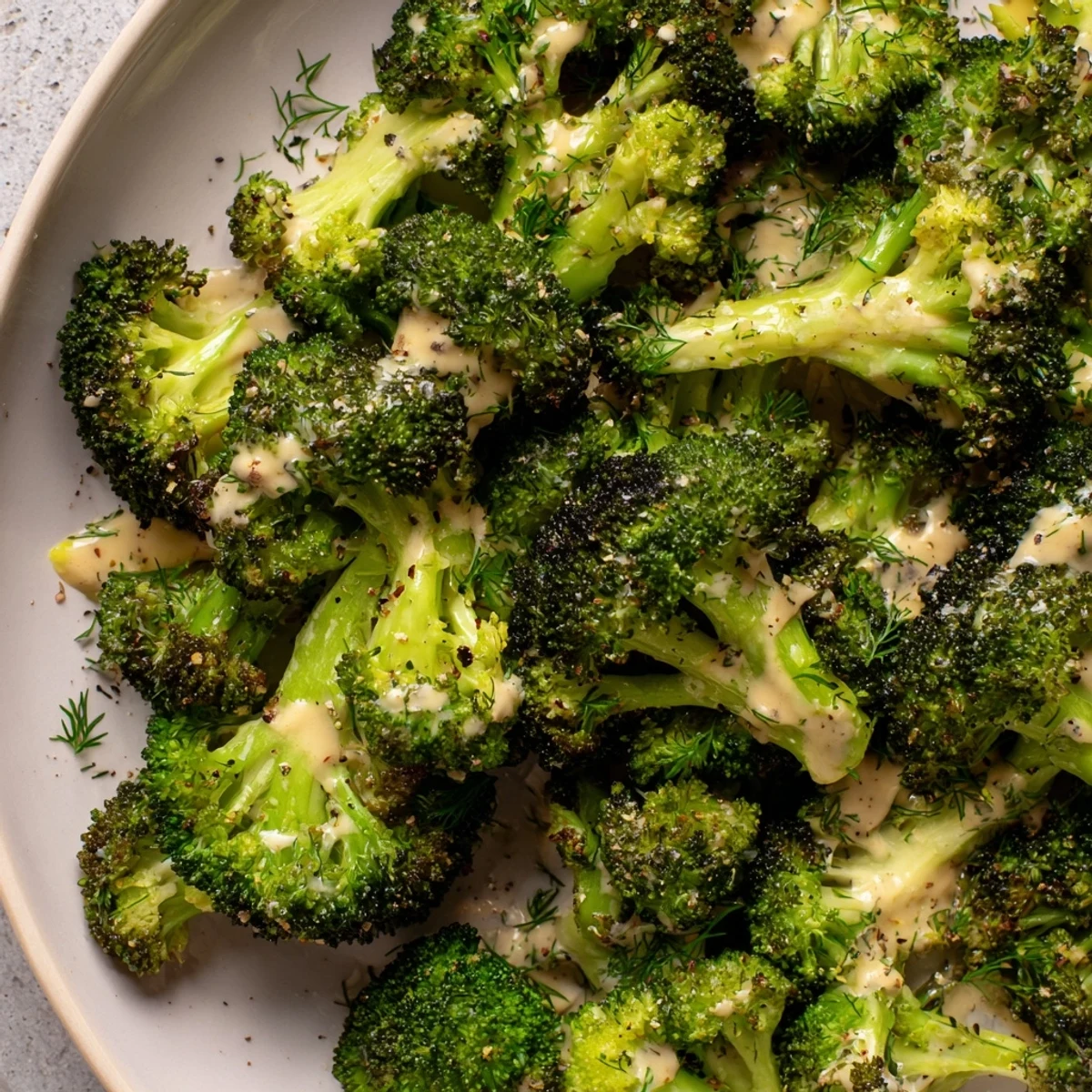 Plated Roasted Broccoli With Lemon Tahini Herb Sauce over warm quinoa, herb garnish
