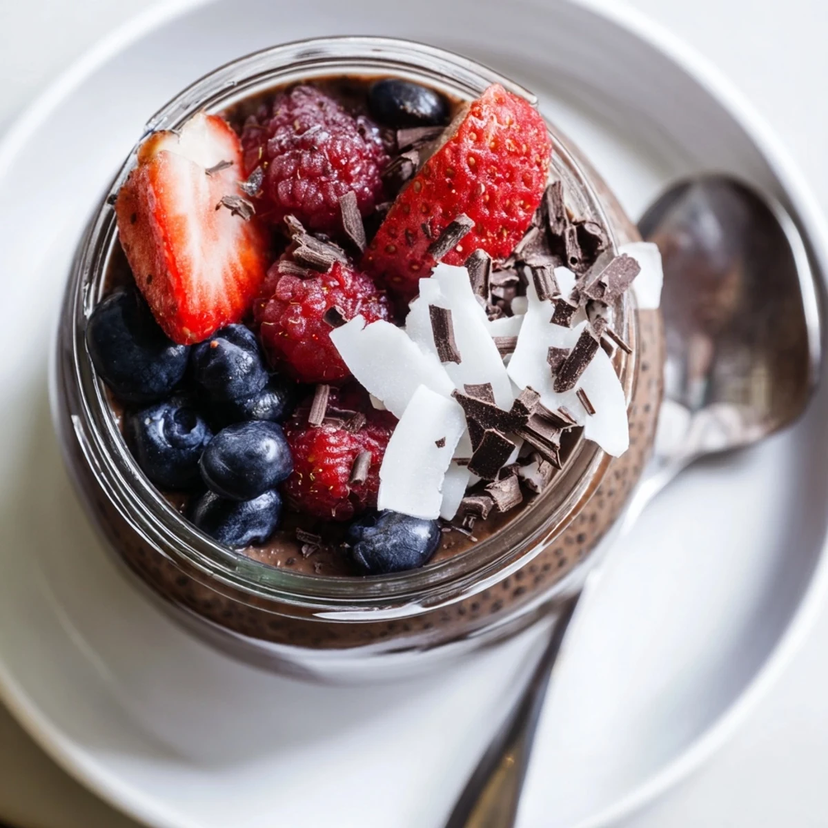 Creamy Chocolate Berry Coconut Protein Chia Cream layered in mason jar, topped with berries