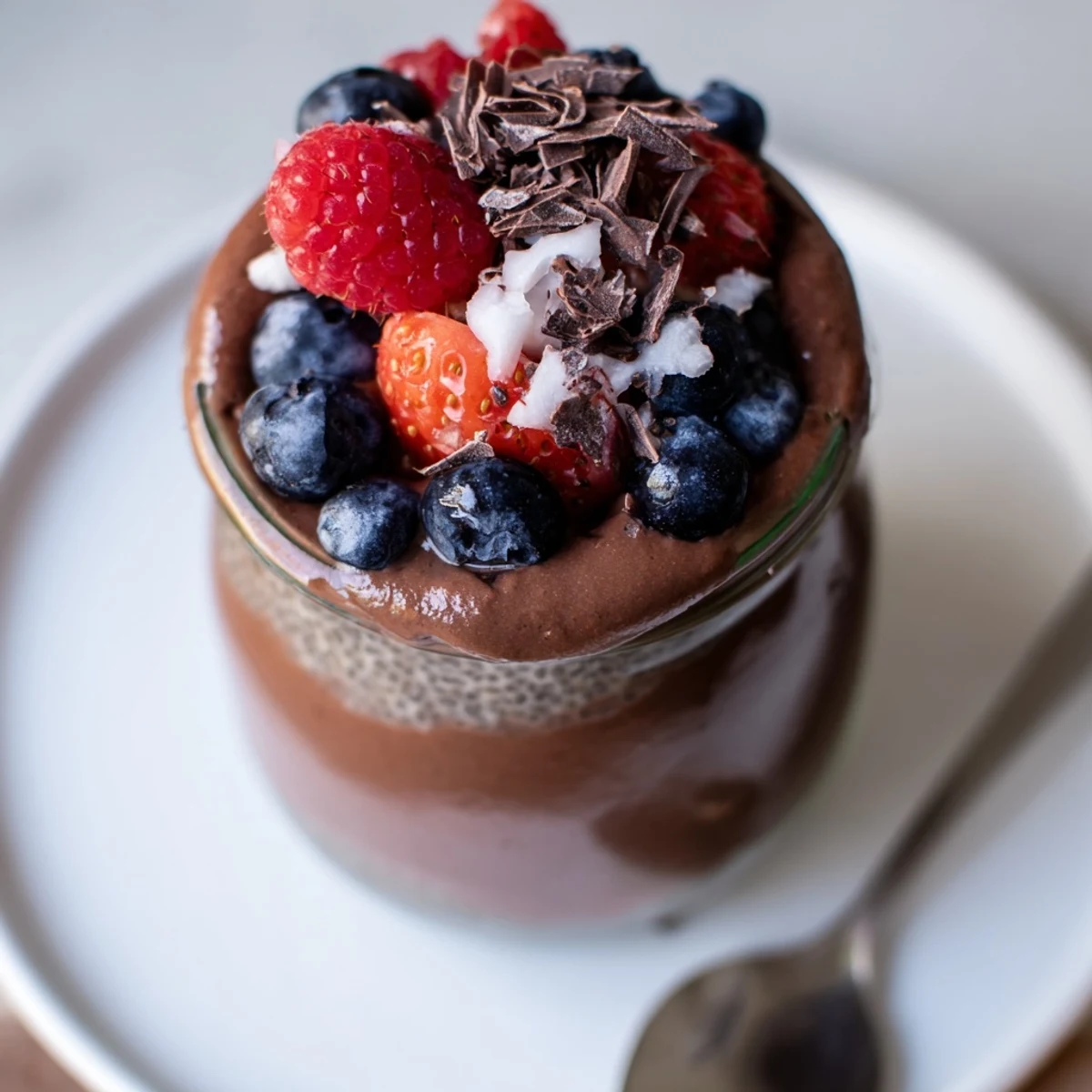 Layered Chocolate Berry Coconut Protein Chia Cream with toasted coconut flakes, refreshing finish