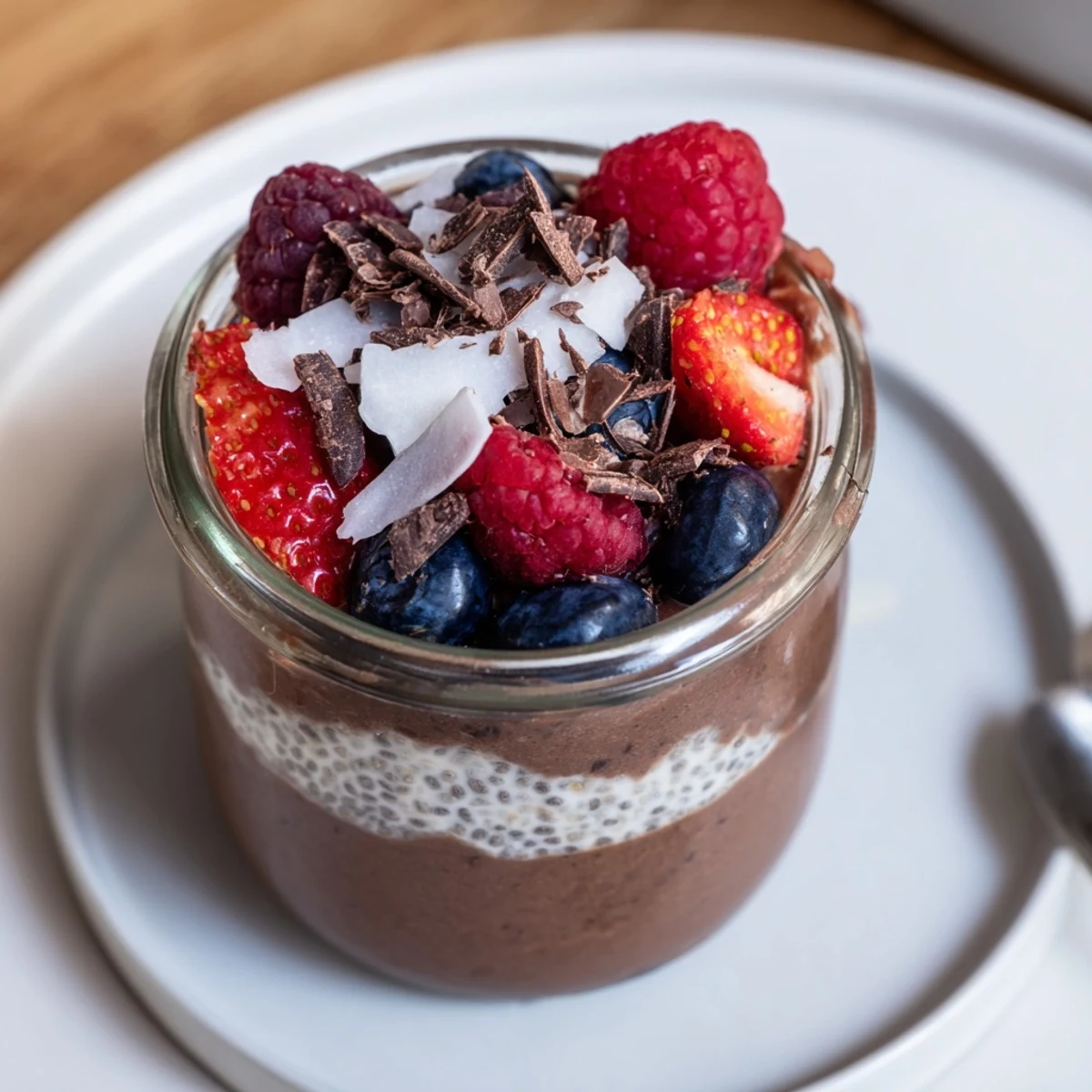 Chocolate Berry Coconut Protein Chia Cream chilled breakfast parfait, velvety chocolate and bright berries