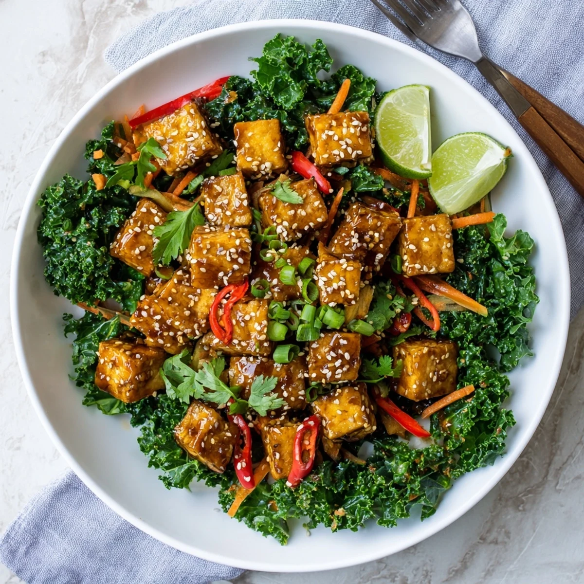 Crispy Chili Garlic Tofu With Sesame Kale Crunch, golden cubes over rice