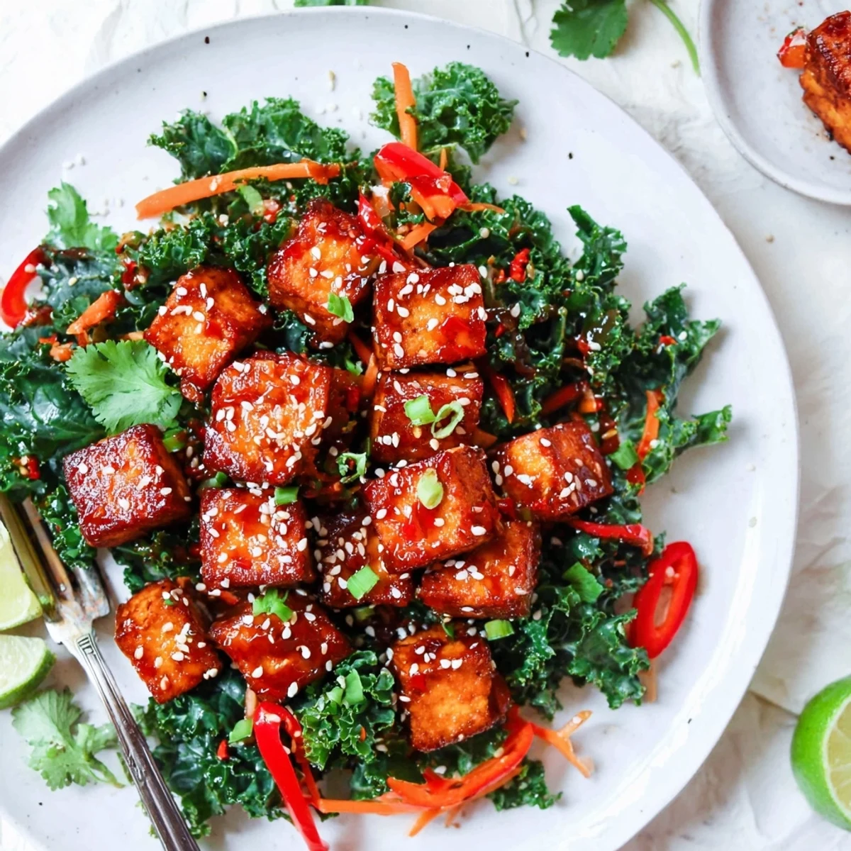 Spicy-sweet bowl of Crispy Chili Garlic Tofu With Sesame Kale Crunch