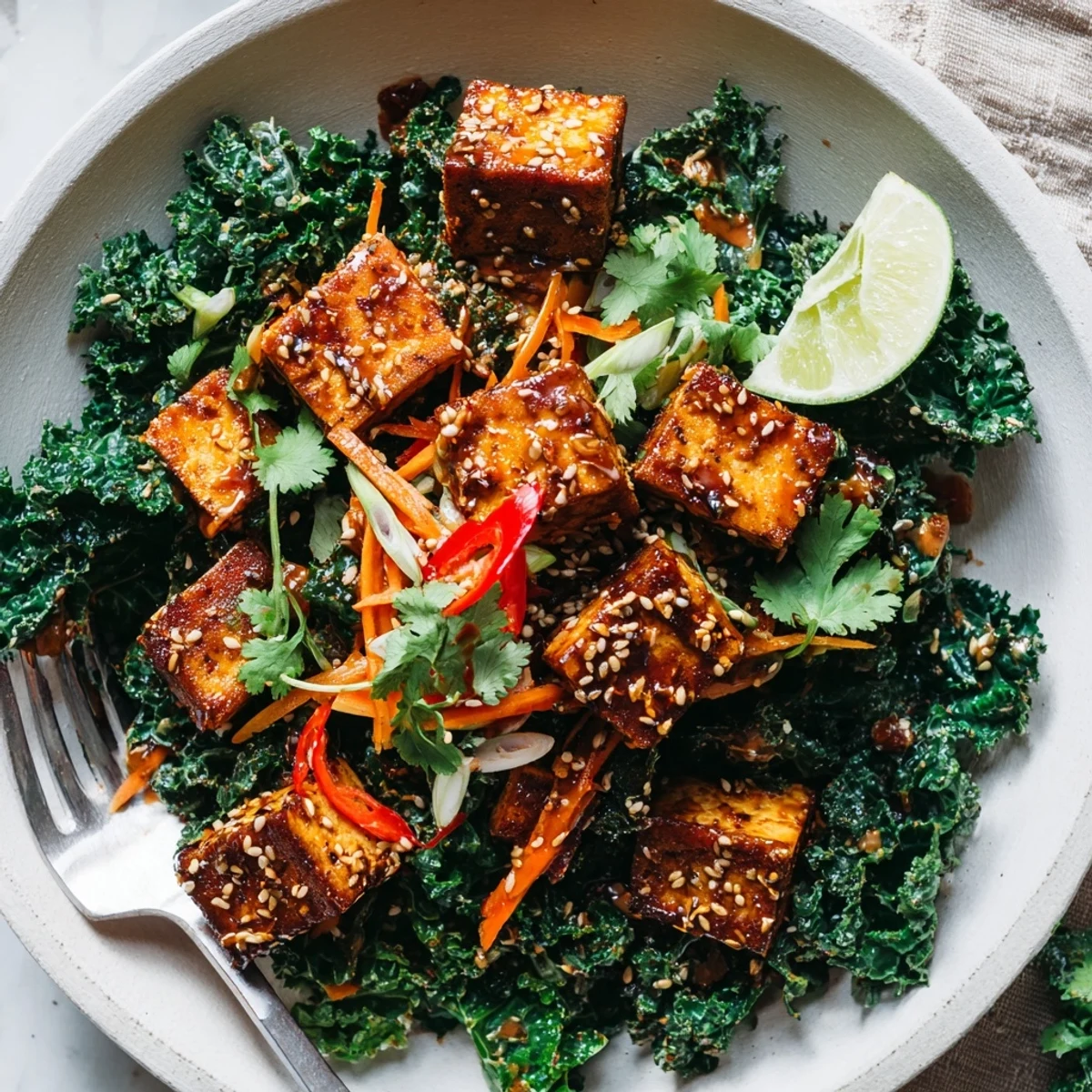 Crispy Chili Garlic Tofu With Sesame Kale Crunch, pan-fried tofu atop massaged kale