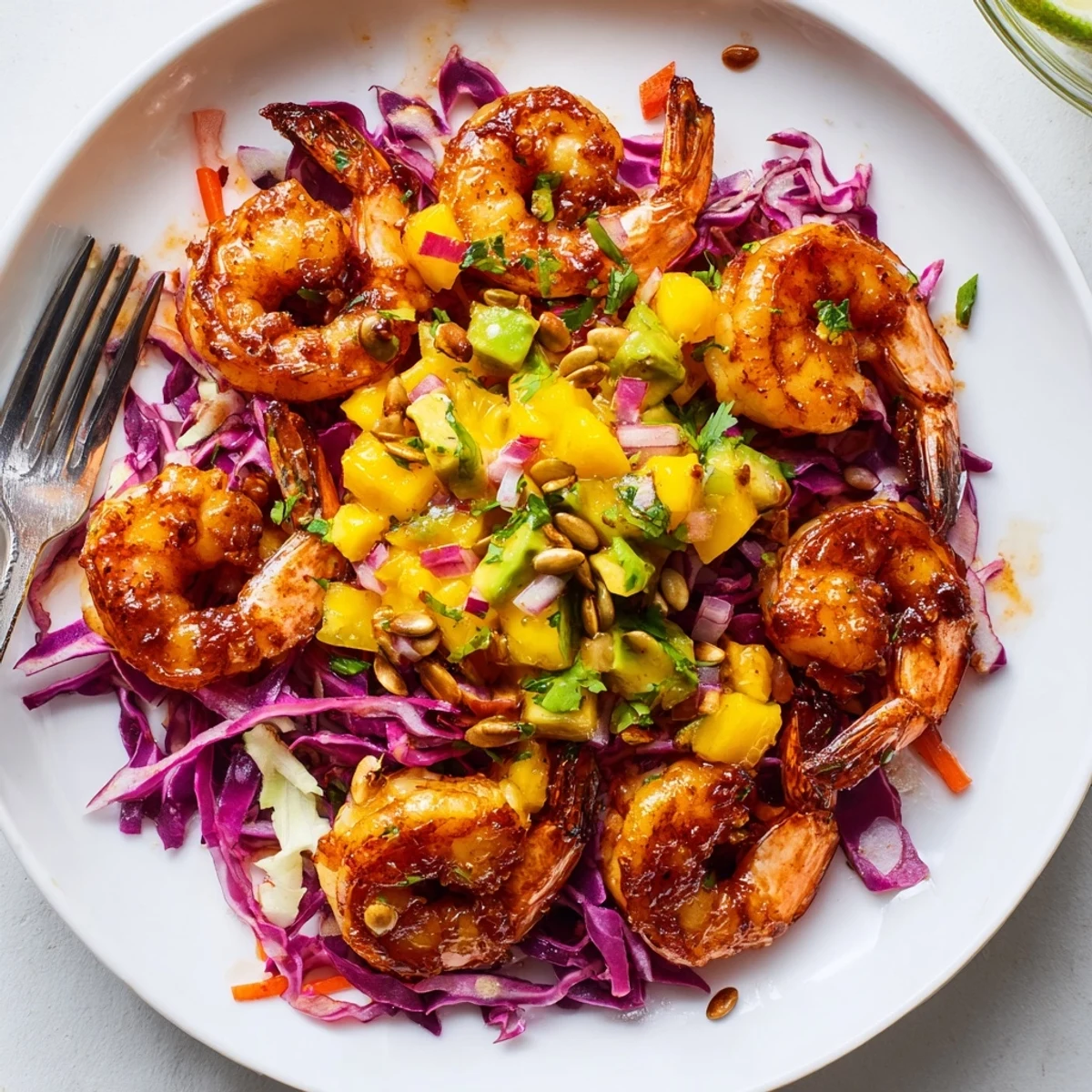 Spicy Mango Shrimp With Lime Avocado Crunch over crunchy red cabbage slaw.