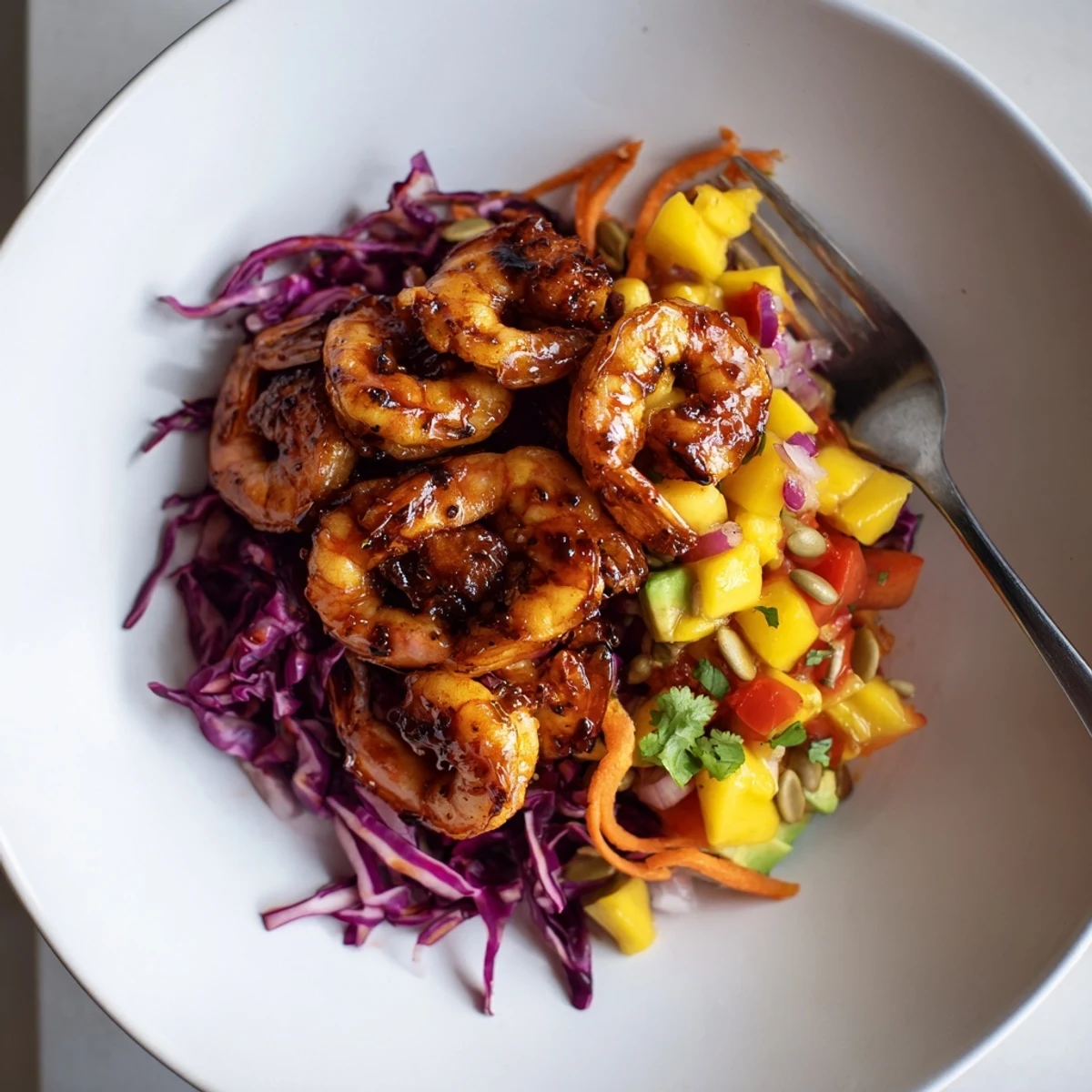 Skillet aroma, sweet mango, and pepitas highlight Spicy Mango Shrimp With Lime Avocado Crunch.