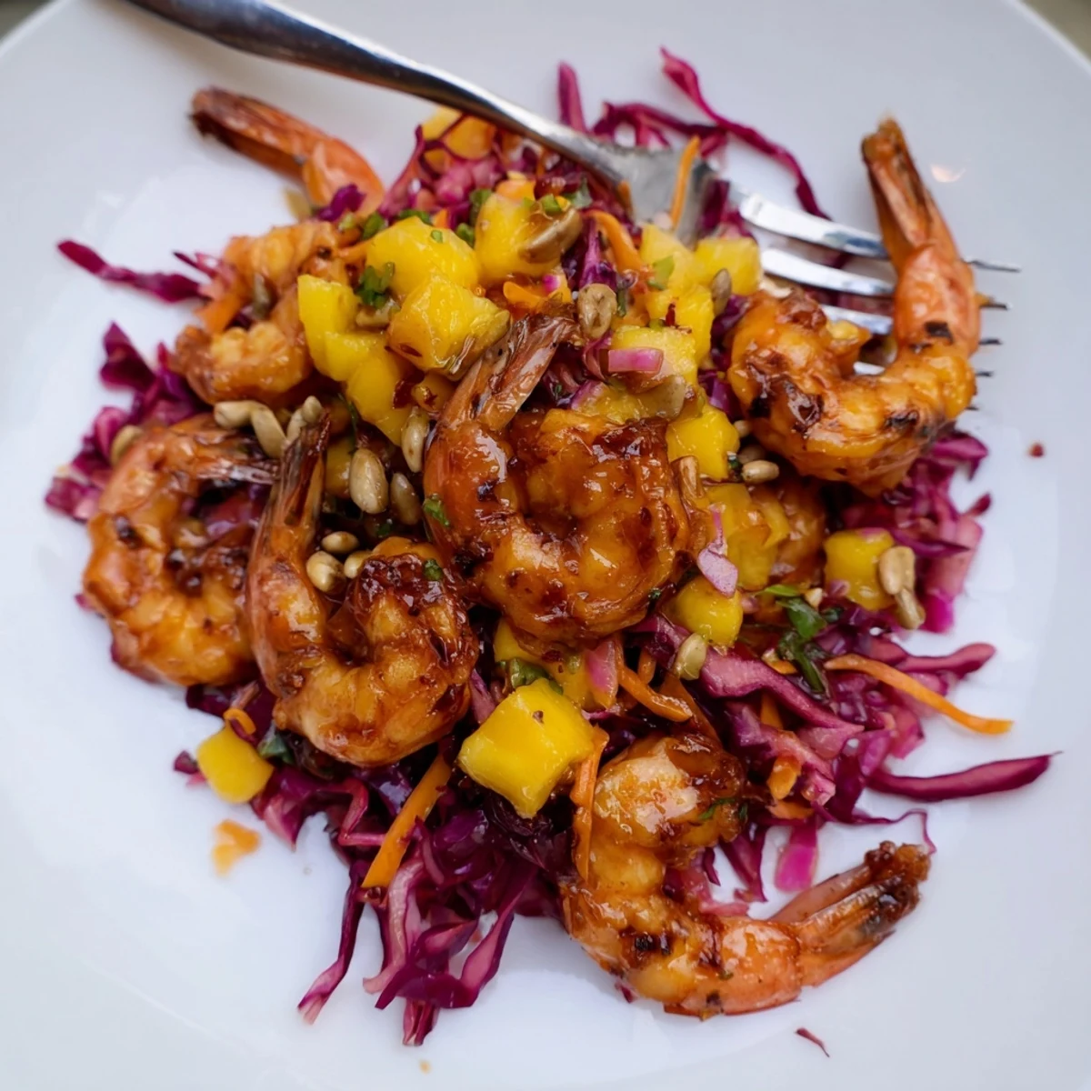 Pan-seared Spicy Mango Shrimp With Lime Avocado Crunch topped with zesty mango salsa.