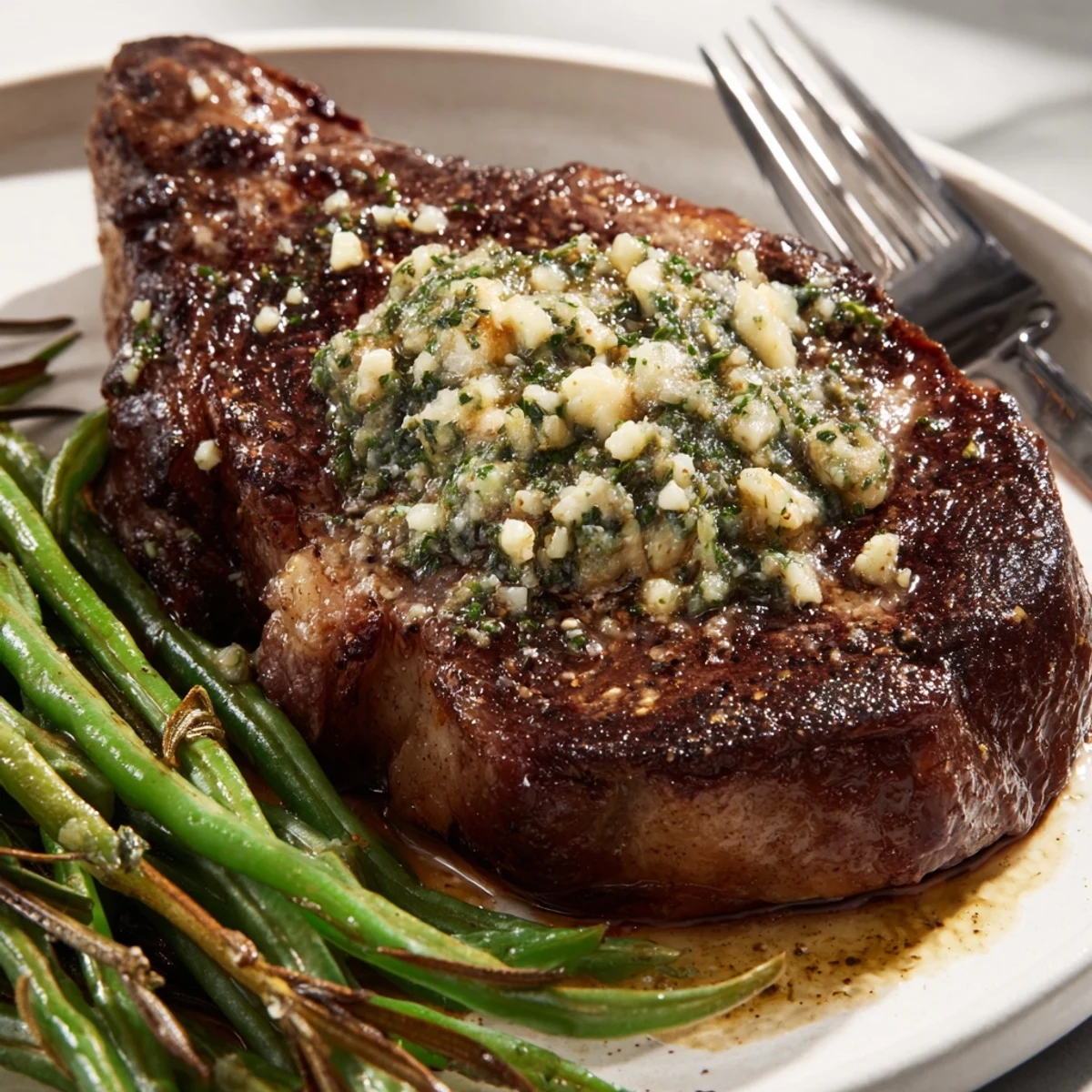 Garlic Herb Steak With Roasted Green Beans steaming, herb butter pan juices glistening