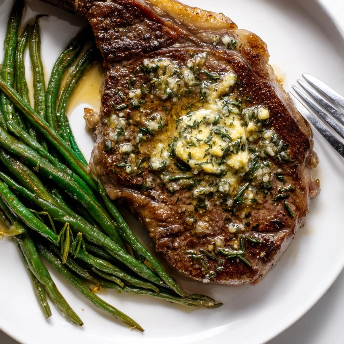 Sliced medium rare Garlic Herb Steak With Roasted Green Beans on rustic board