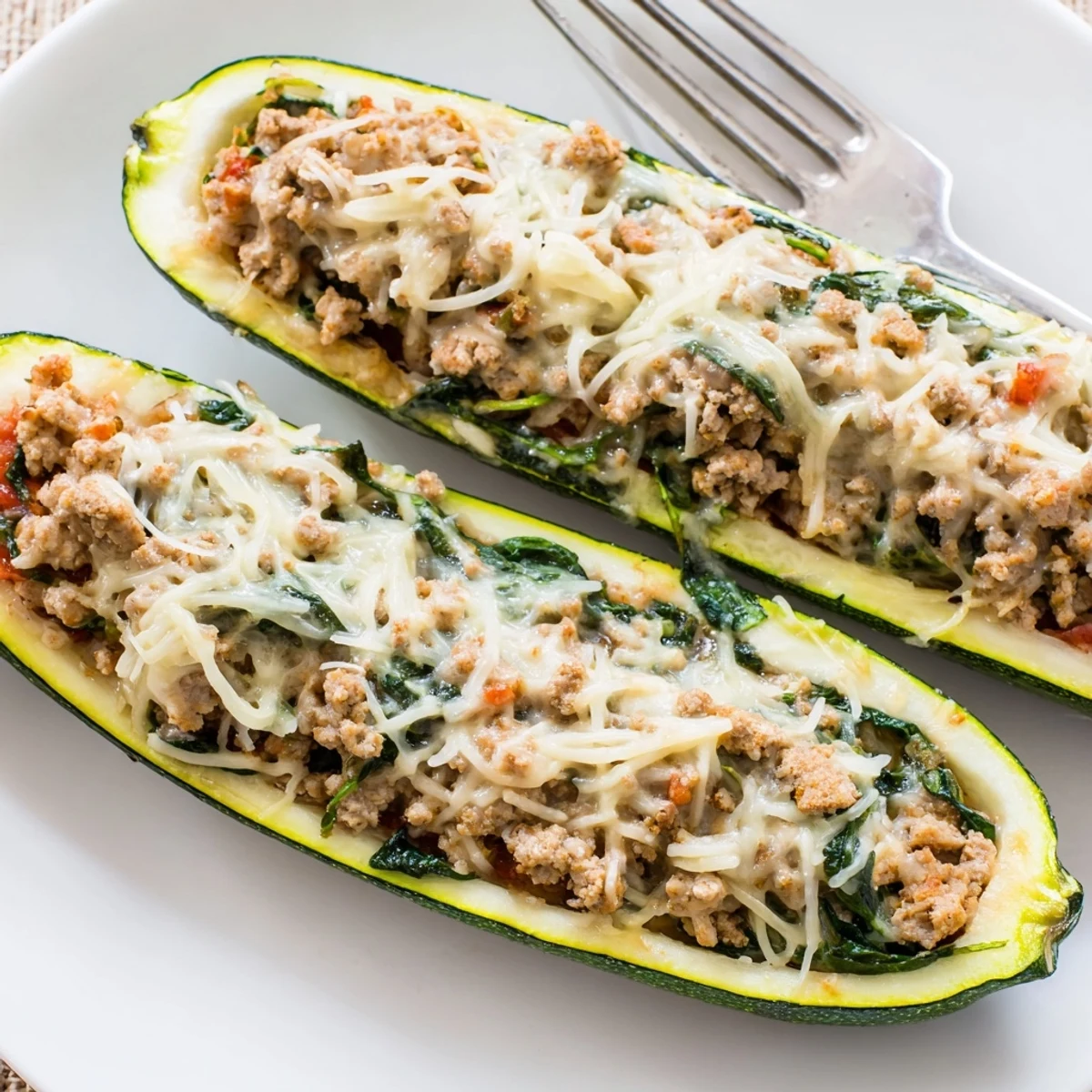 Pesto Turkey and Spinach Zucchini Boats served warm with crisp salad