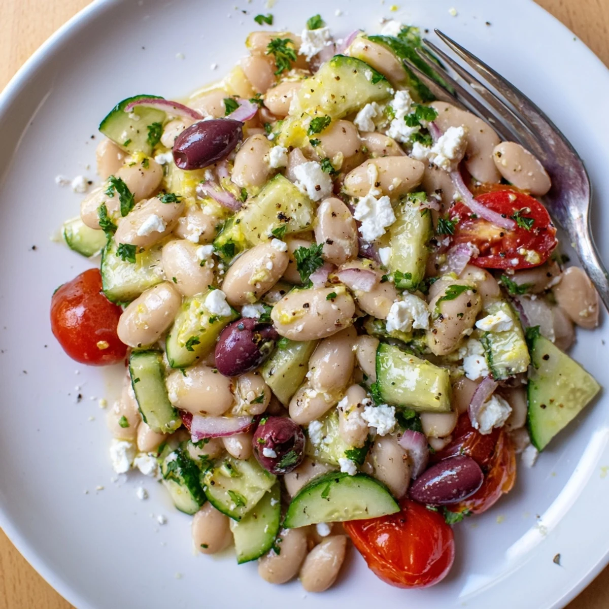 Chilled Mediterranean White Bean and Cucumber Tomato Salad with cool crunch, juicy tomatoes