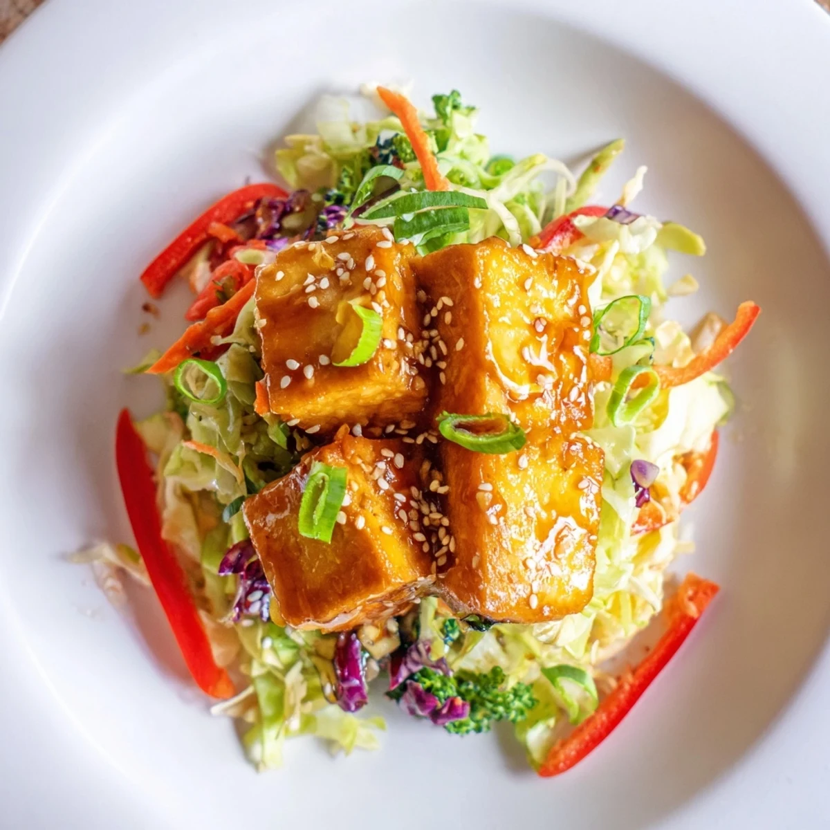 Miso Ginger Tofu With Sesame Cabbage Crunch served over steaming rice