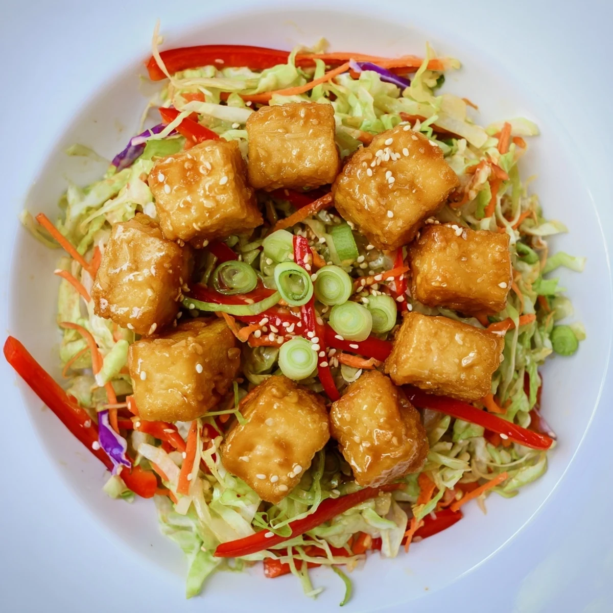 Baked Miso Ginger Tofu With Sesame Cabbage Crunch, crispy edges and tangy slaw