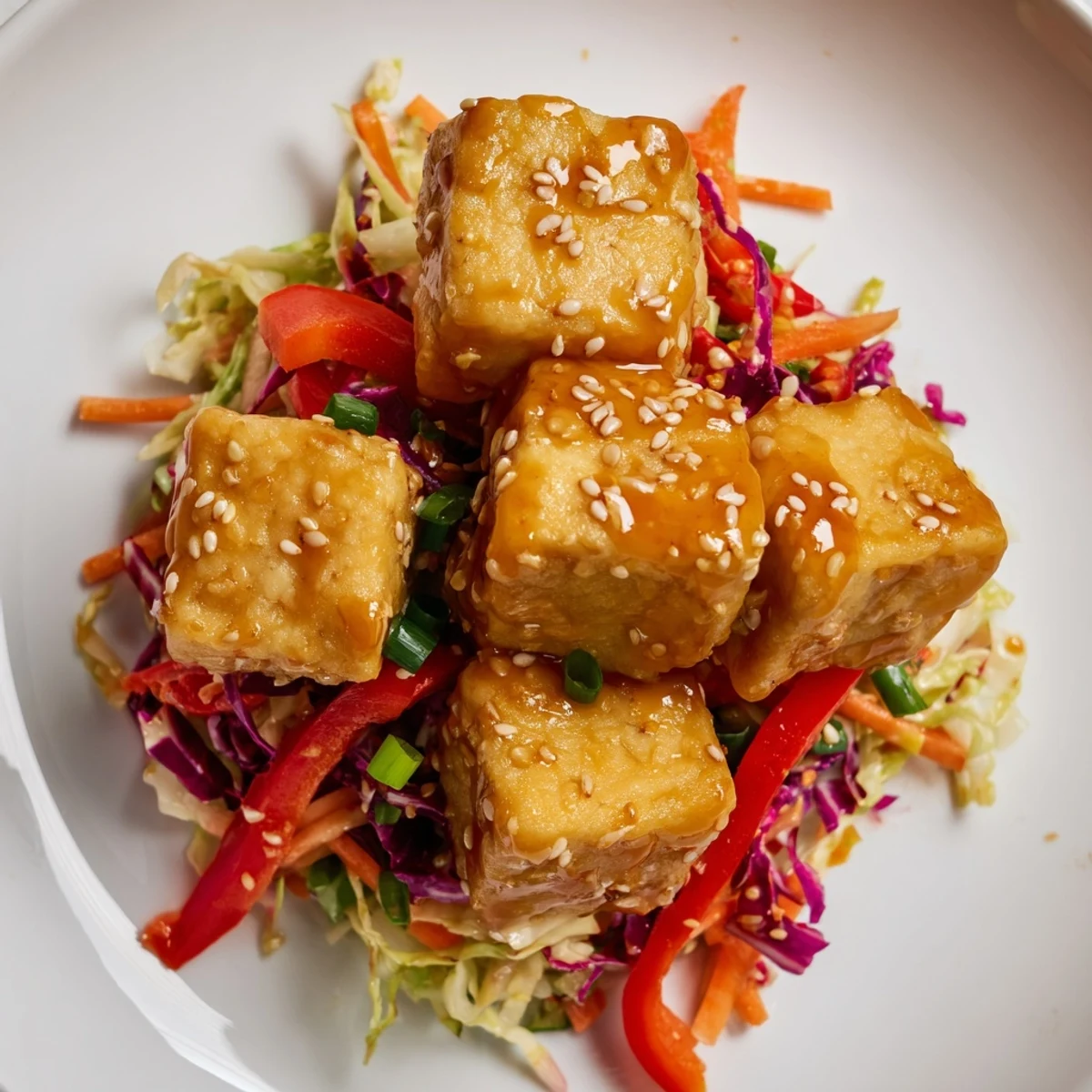 Bright Miso Ginger Tofu With Sesame Cabbage Crunch tossed in nutty sesame dressing