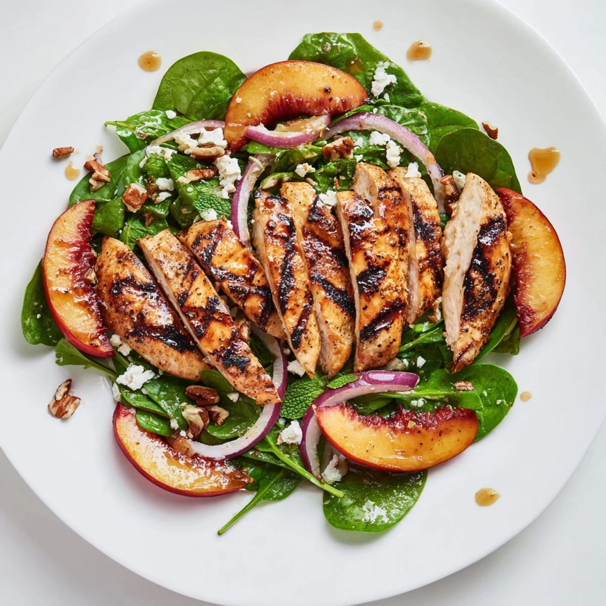 Grilled Peach and Spinach Chicken Salad with Mint, sliced chicken and charred peaches