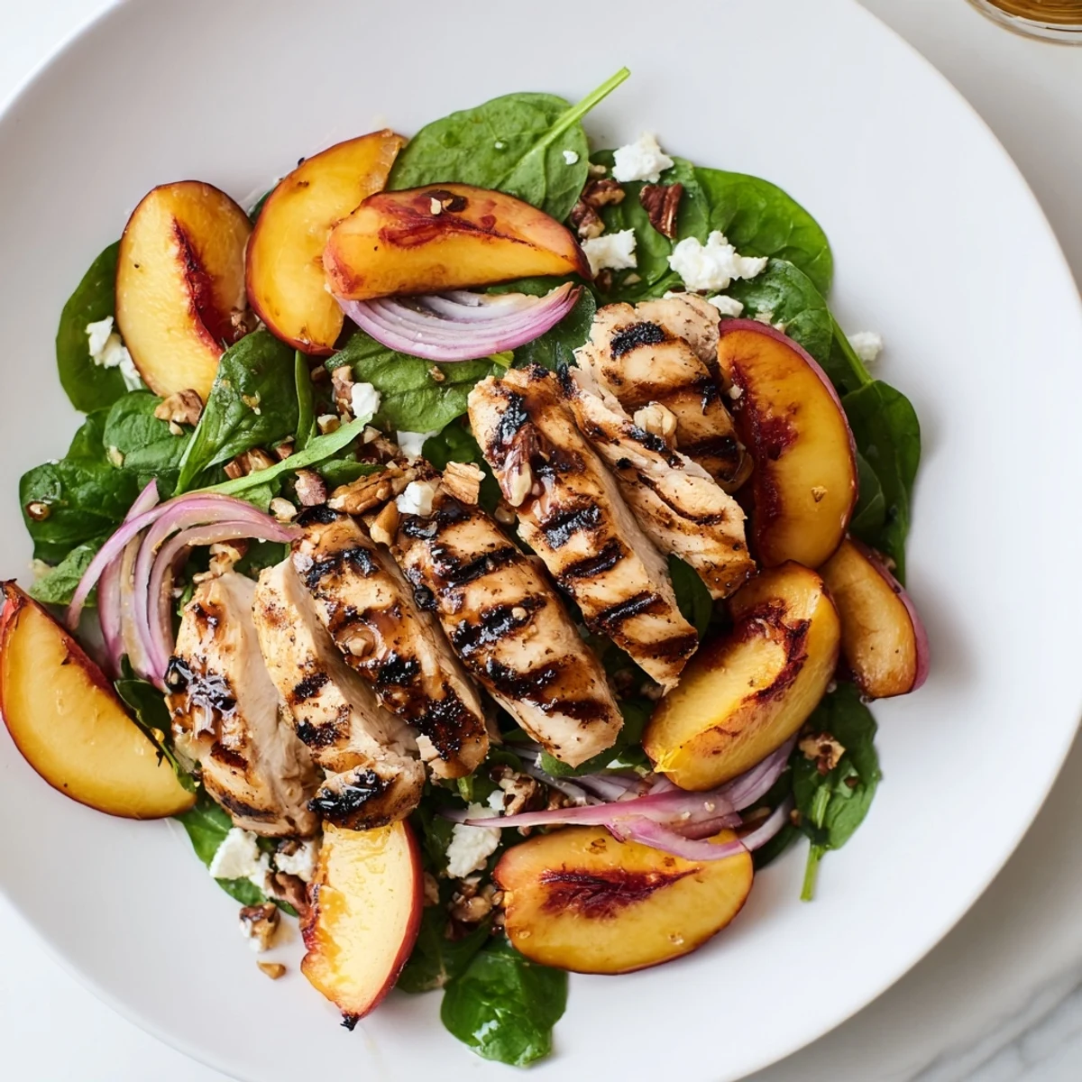 Brightly dressed Grilled Peach and Spinach Chicken Salad with Mint topped with toasted pecans