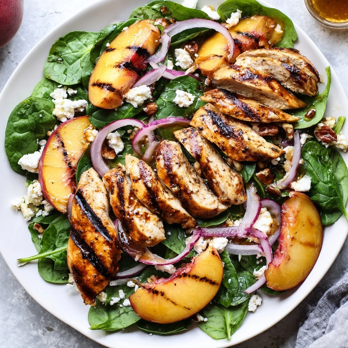 Grilled Peach and Spinach Chicken Salad with Mint served warm for a light lunch