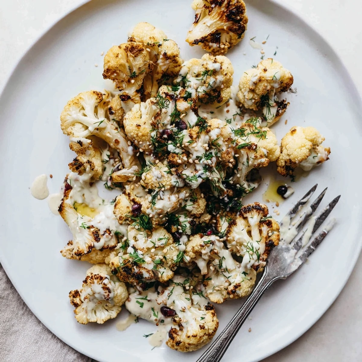 Warm Roasted Cauliflower With Lemon Herb Tahini Drizzle topped with pomegranate and sesame seeds