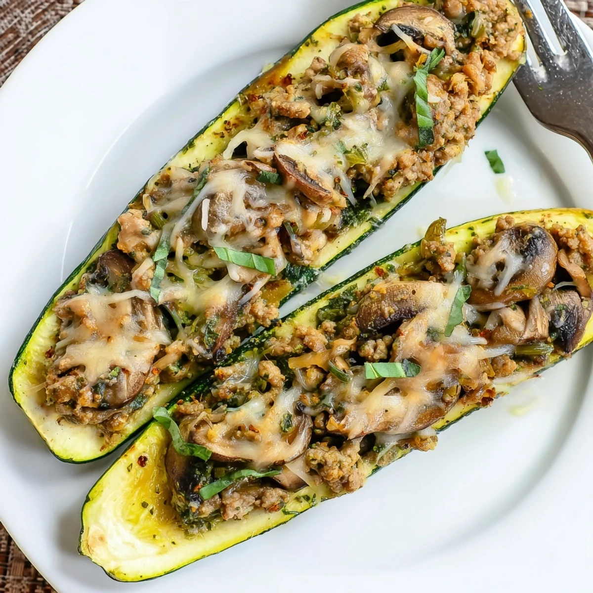 Pesto Turkey and Mushroom Zucchini Boats baked golden with melted mozzarella, basil