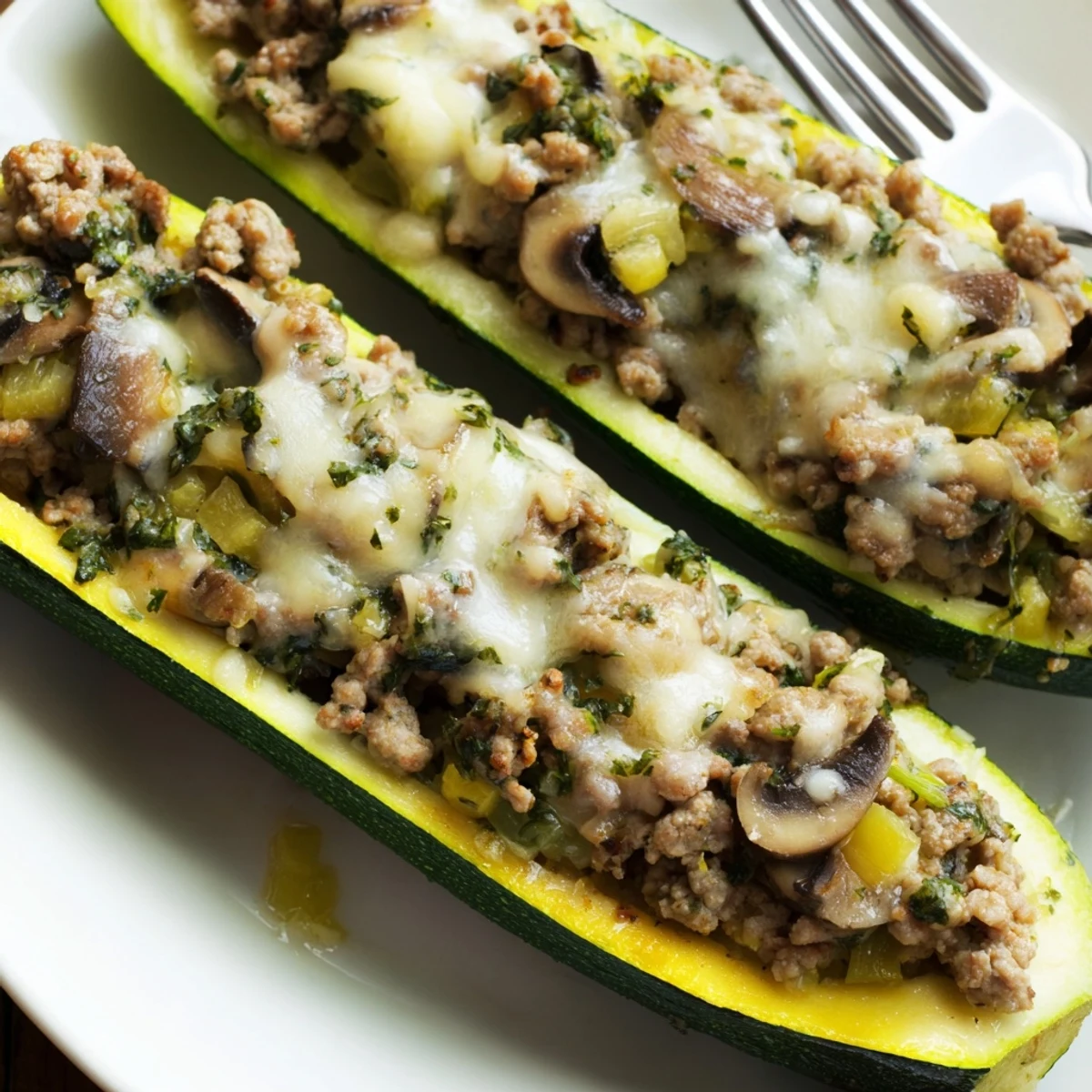 Sliced Pesto Turkey and Mushroom Zucchini Boats steaming on baking dish, garnished