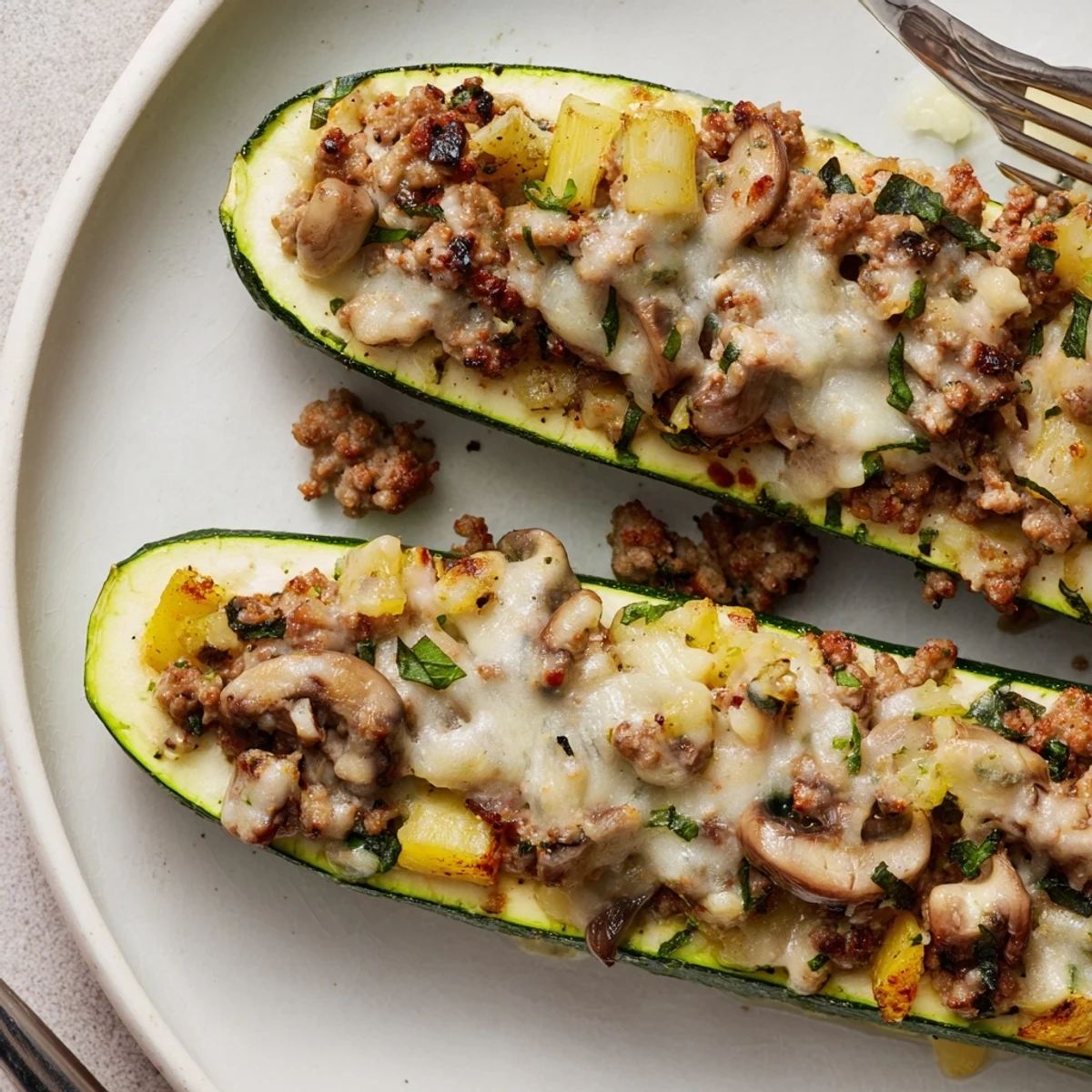 Family-style Pesto Turkey and Mushroom Zucchini Boats served with crusty gluten-free bread