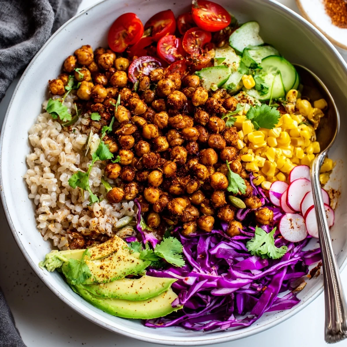 Crispy Chili Lime Chickpea and Avocado Crunch Bowl with zesty dressing, crisp veggies.