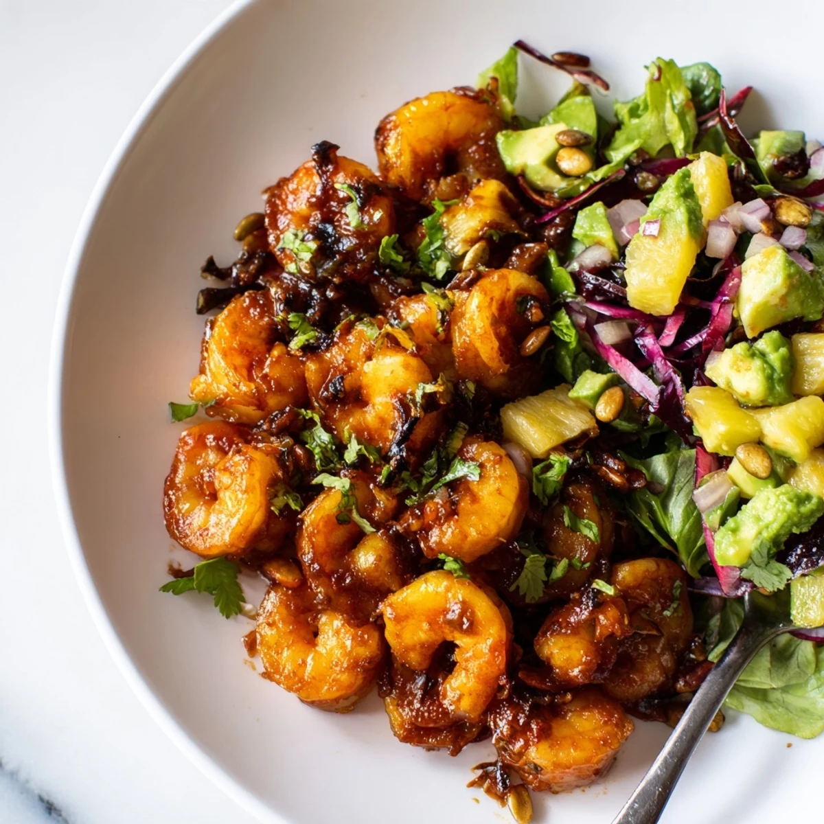 Seared Spicy Pineapple Shrimp With Lime Avocado Crunch served warm with toasted pepitas