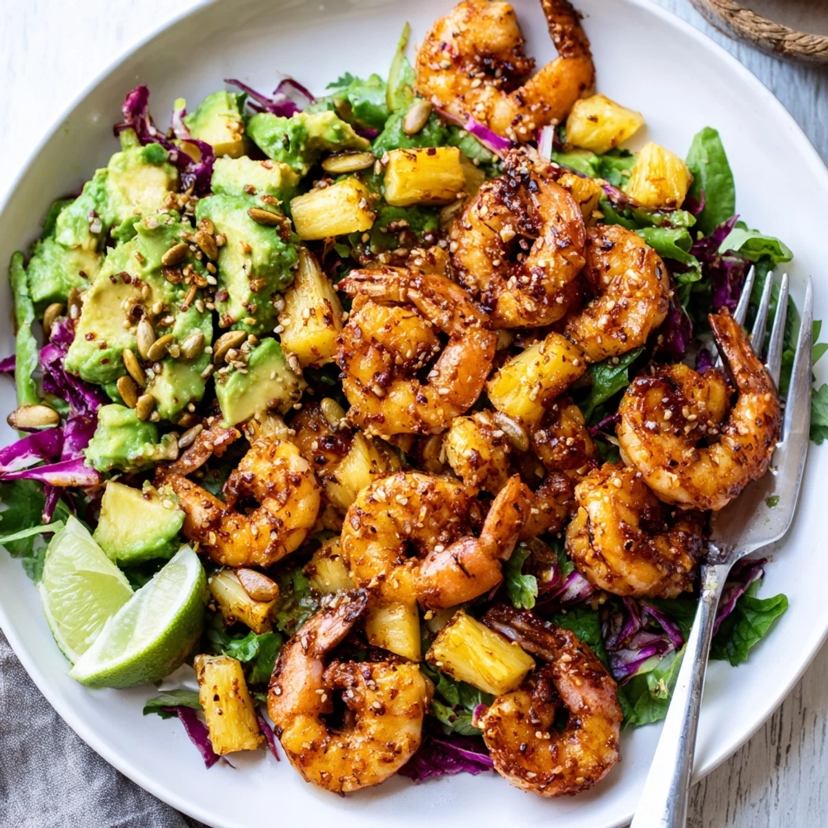 Spicy Pineapple Shrimp With Lime Avocado Crunch atop crisp mixed greens, zesty lime