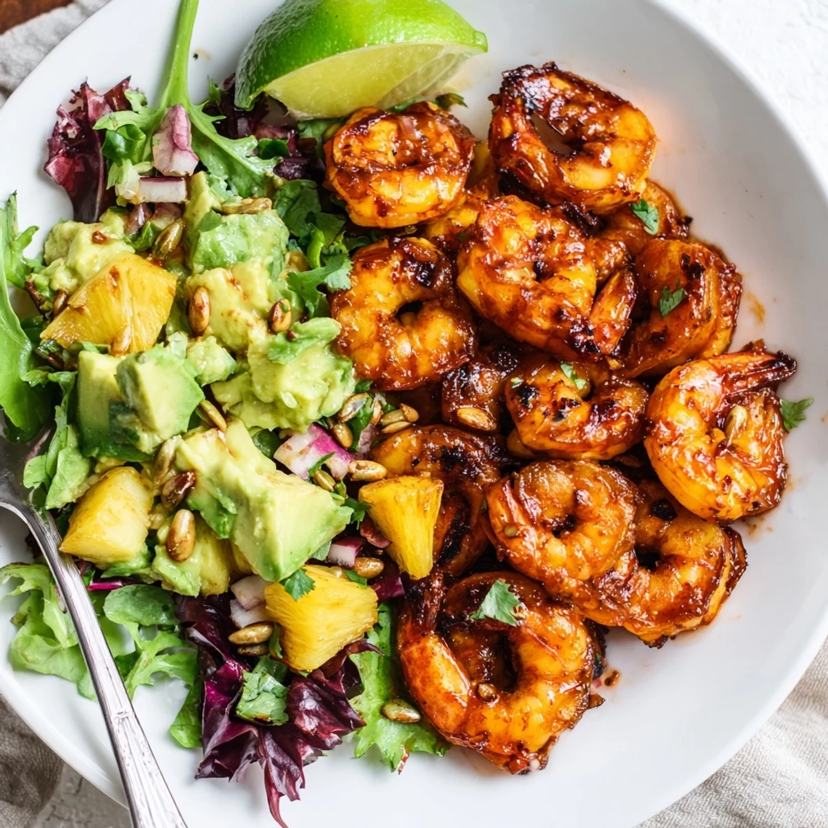 Zesty Spicy Pineapple Shrimp With Lime Avocado Crunch layered with creamy avocado, jalapeño