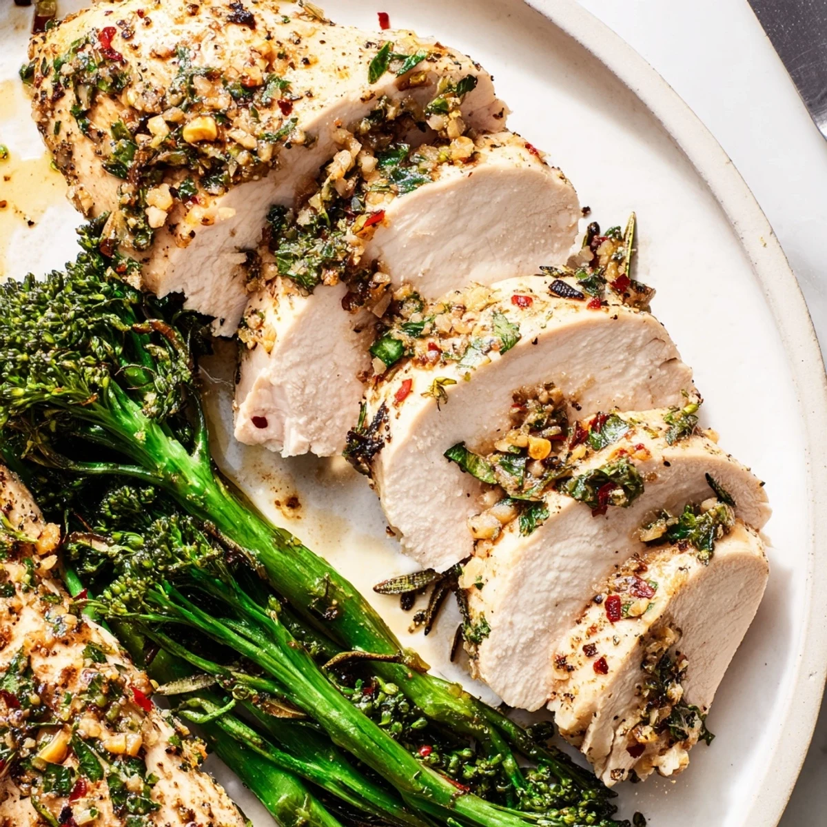 Sliced Garlic Herb Chicken with Roasted Broccolini, fragrant herbs and lemon zest
