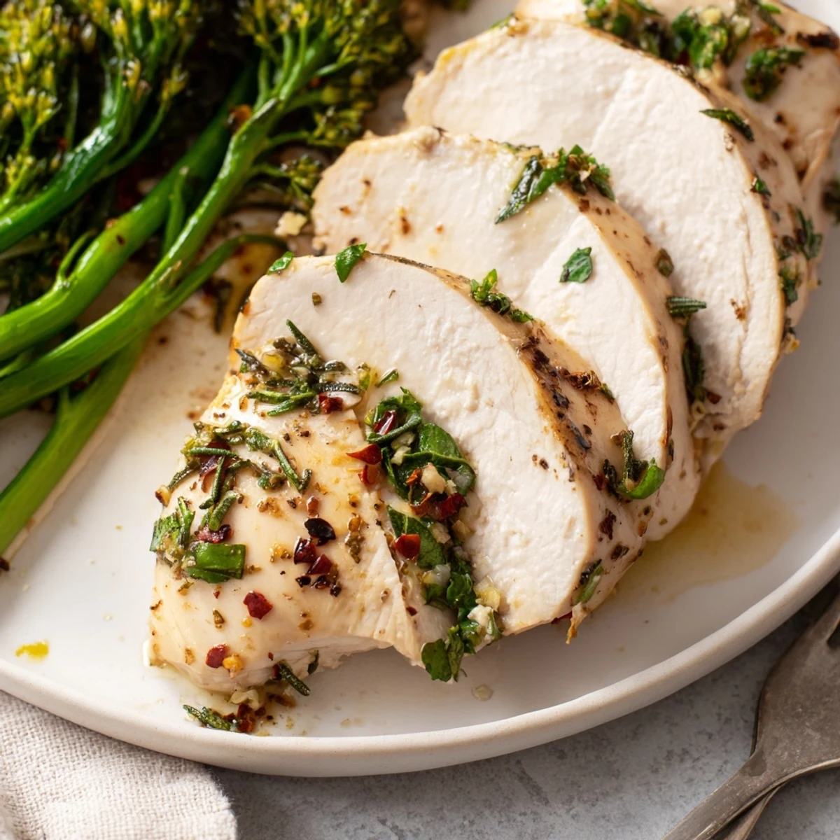 Golden browned Garlic Herb Chicken with Roasted Broccolini on parchment lined baking sheet