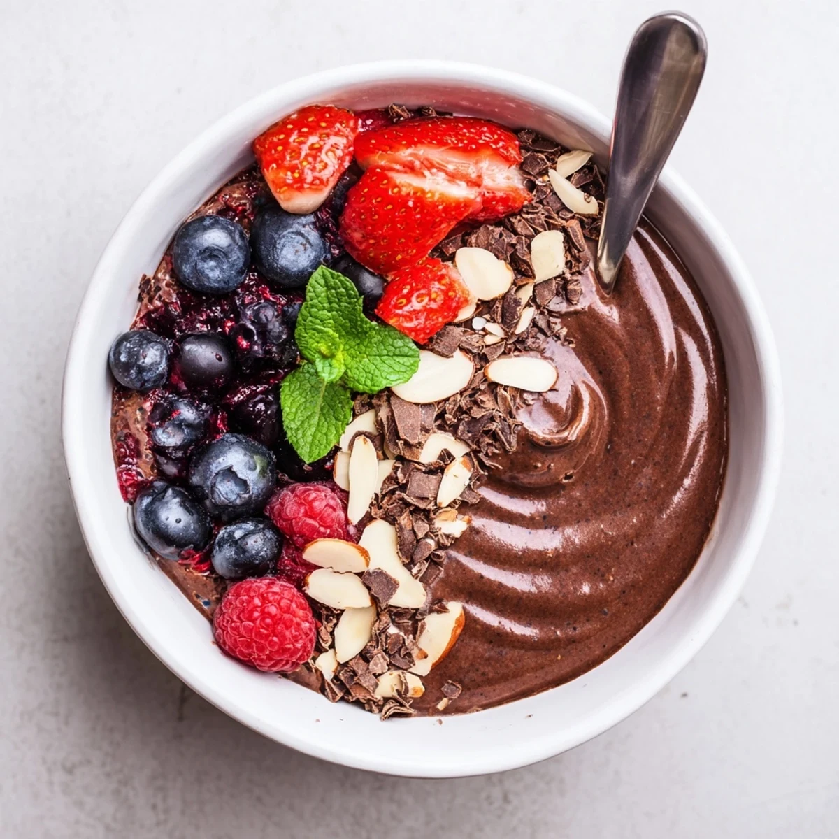 Chocolate Almond Berry Protein Chia Cream velvety, layered in a jar with toasted almonds