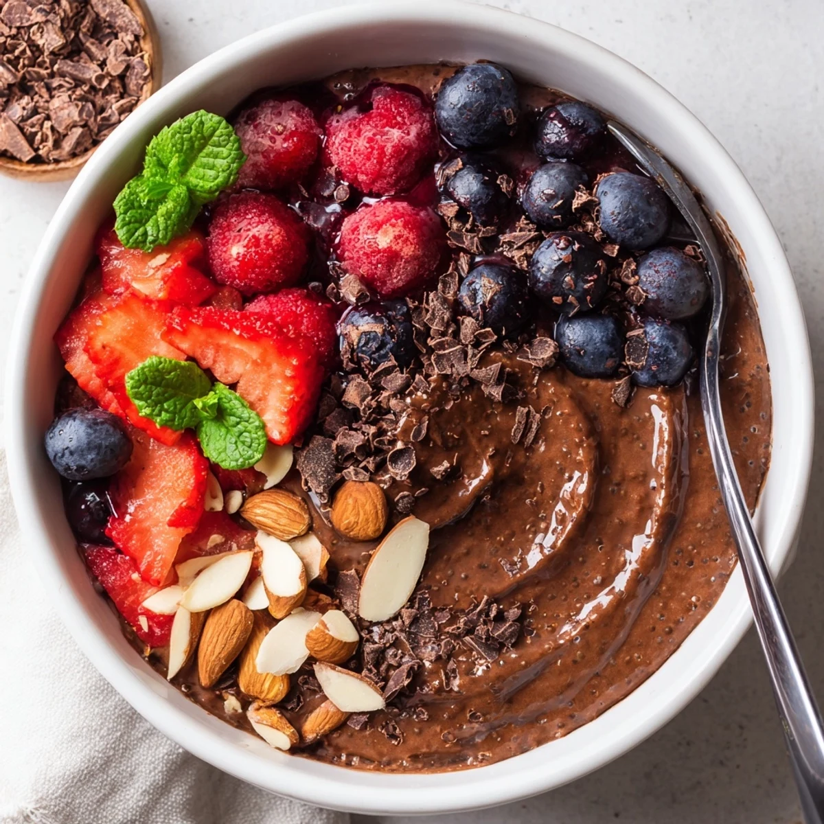 Silky Chocolate Almond Berry Protein Chia Cream parfait with bright berries and almonds