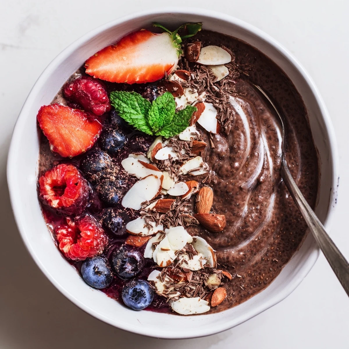 A spoon-ready Chocolate Almond Berry Protein Chia Cream topped with fresh berries