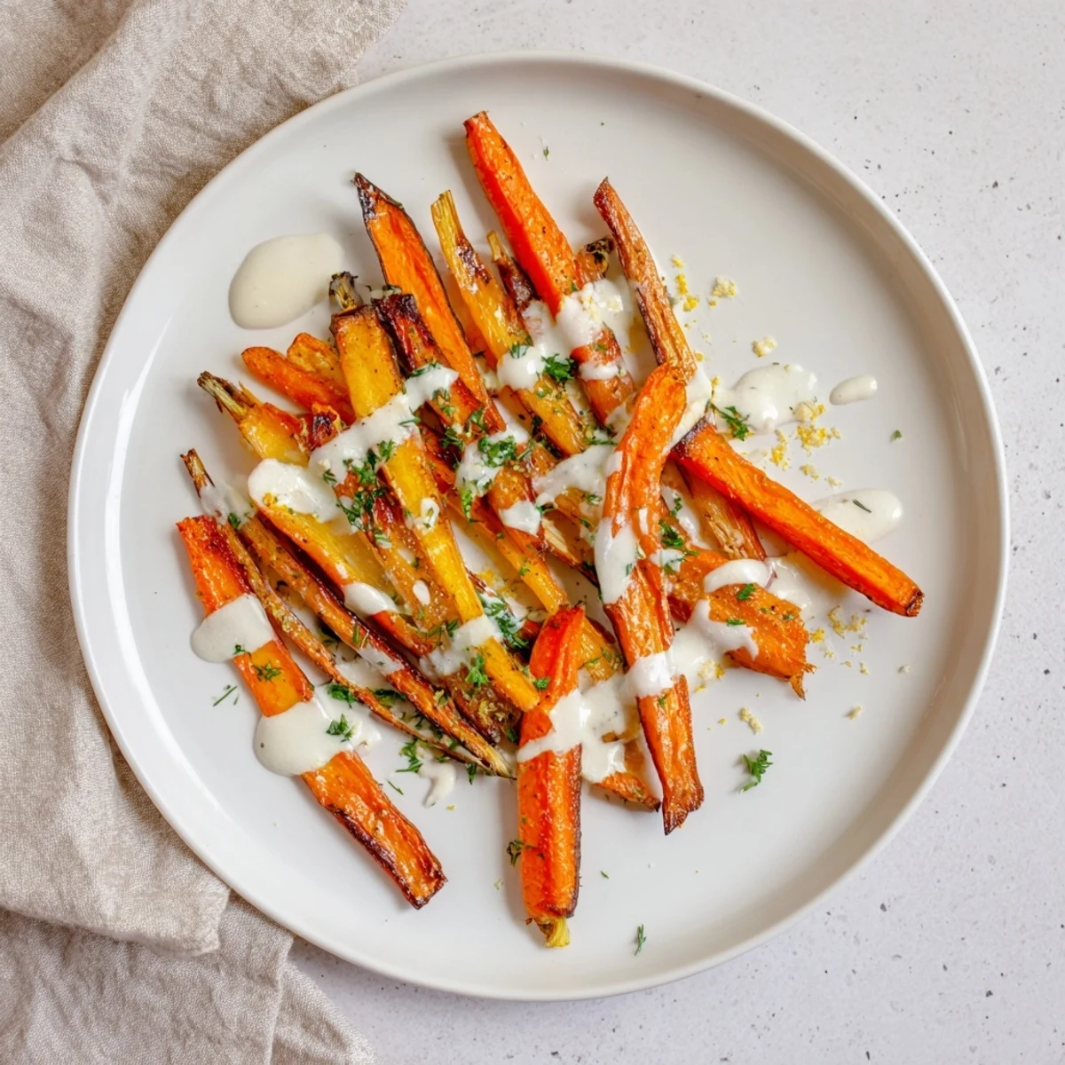Golden platter of Roasted Carrots with Lemon Herb Tahini Drizzle, herb-garnished.