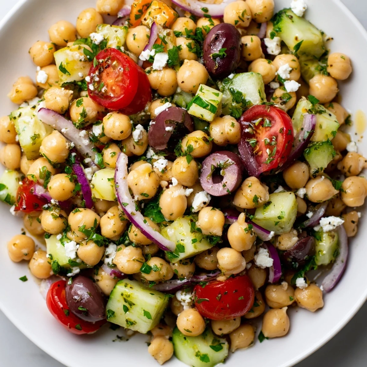 Close-up of Mediterranean Chickpea and Tomato Olive Salad glistening with olive oil