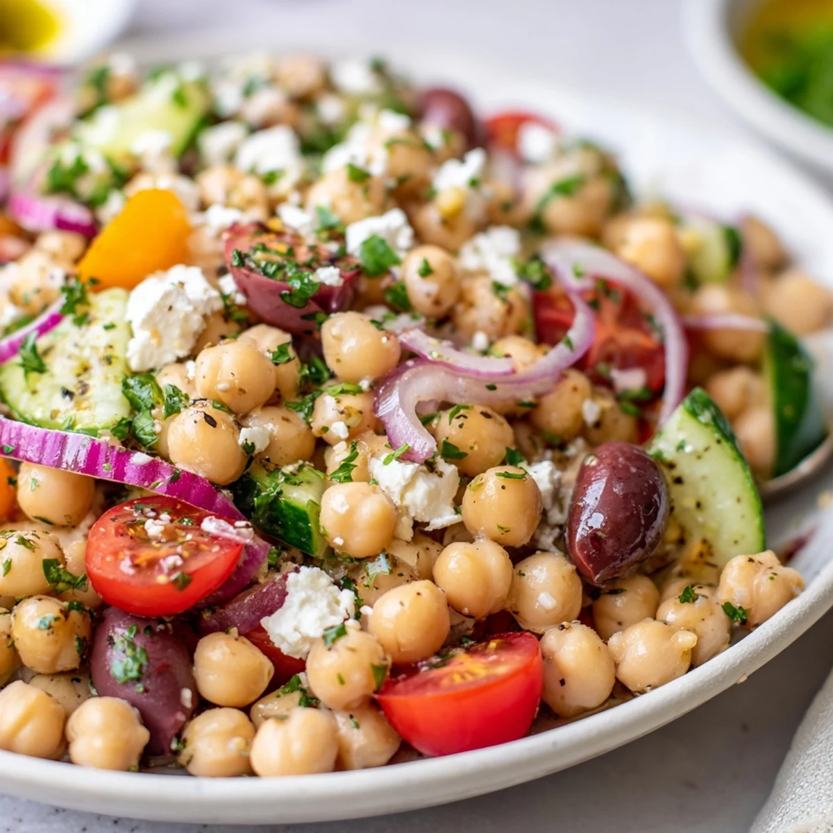 Mediterranean Chickpea and Tomato Olive Salad studded with briny Kalamata olives, tangy lemon