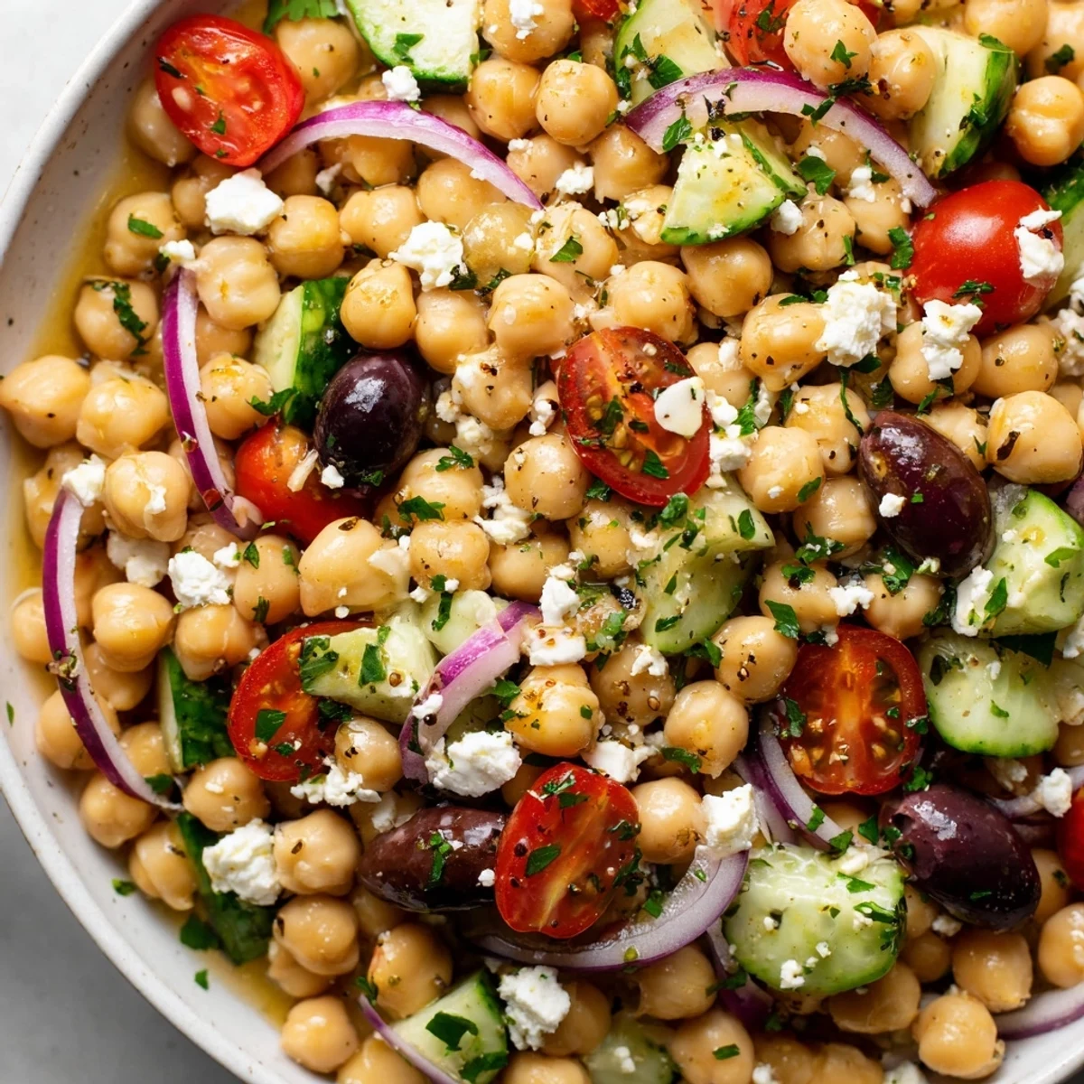 Serve Mediterranean Chickpea and Tomato Olive Salad chilled, topped with crumbled feta