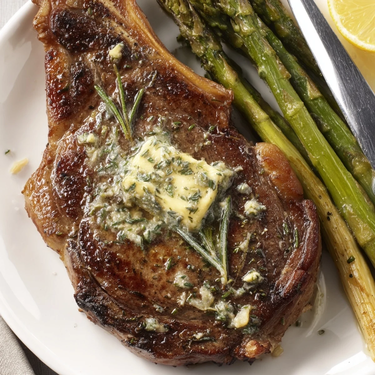 Pan-seared Garlic Herb Steak With Roasted Asparagus, medium-rare, tender spears and herbs  