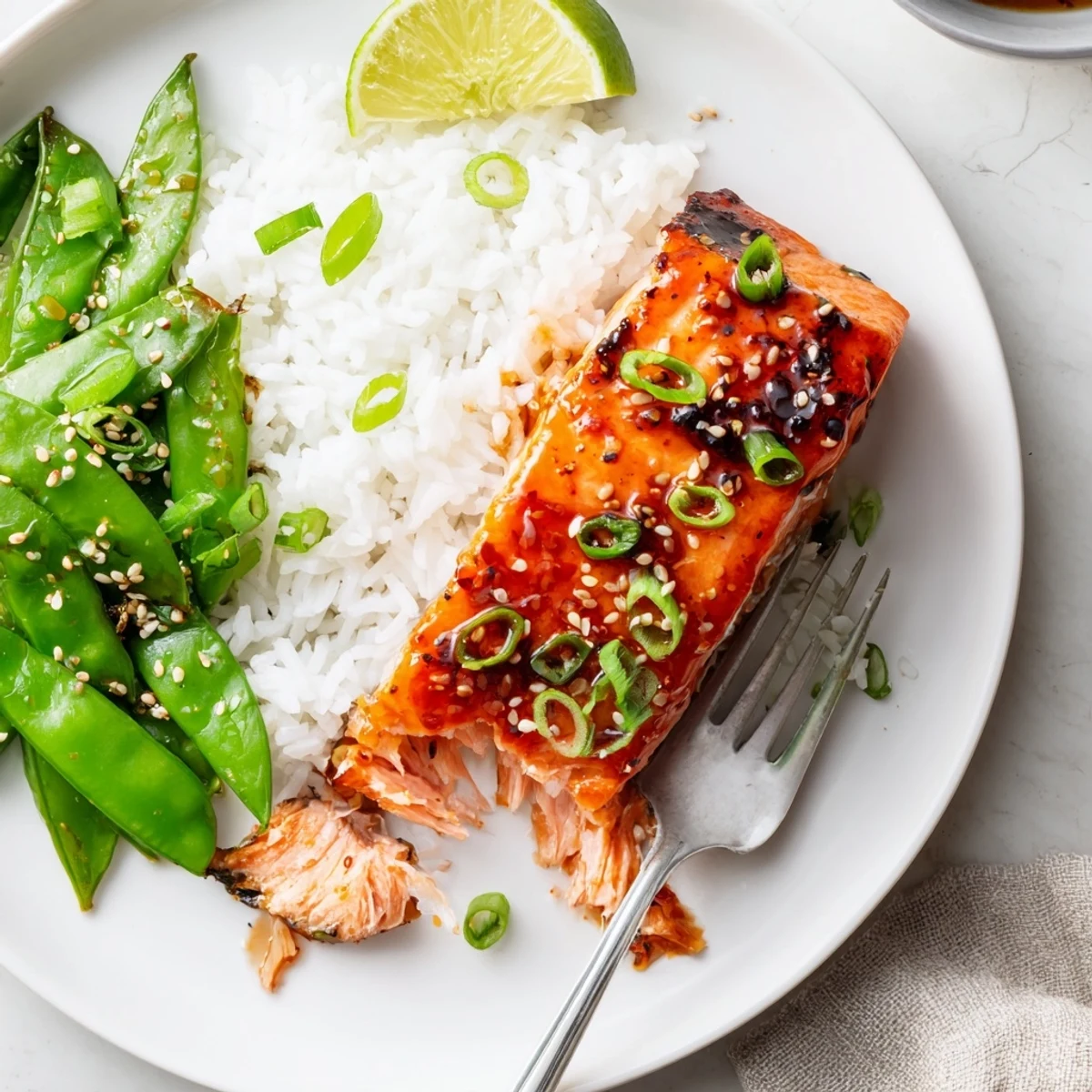 Miso Maple Salmon With Sesame Snap Pea Crunch glazed with caramelized maple.