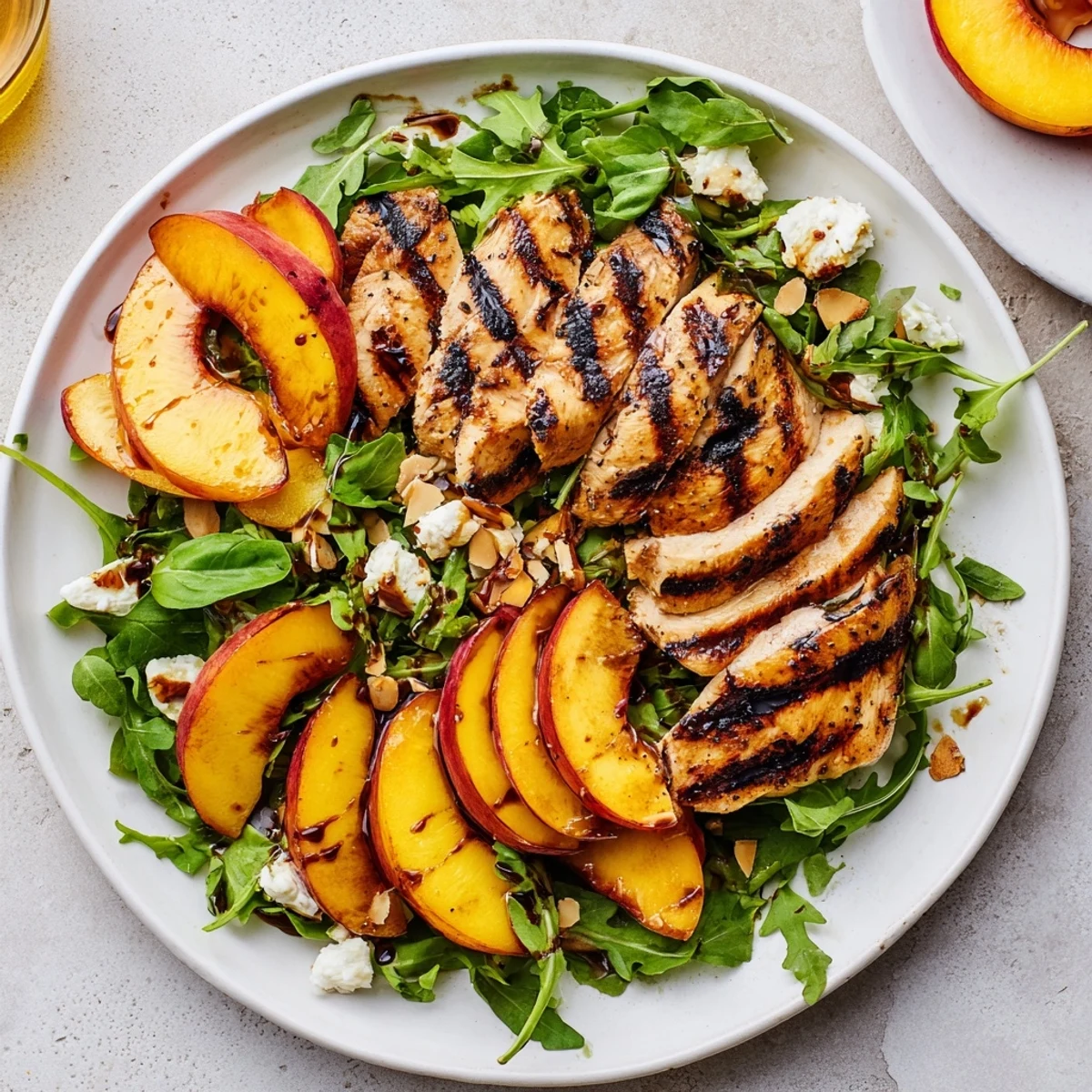 Grilled Nectarine and Arugula Chicken Salad with Basil, sliced chicken and charred nectarines
