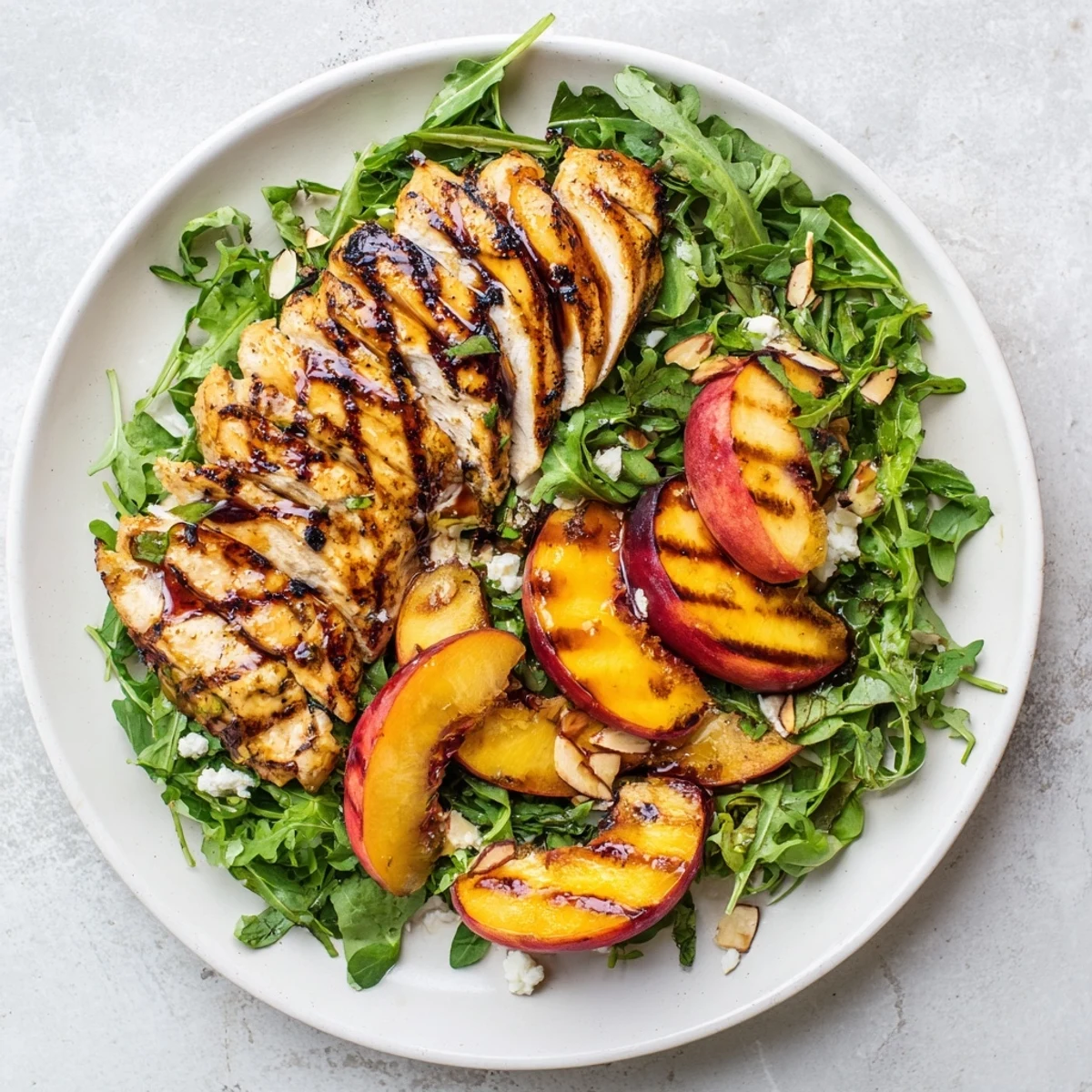 Juicy charred nectarines crown Grilled Nectarine and Arugula Chicken Salad with Basil