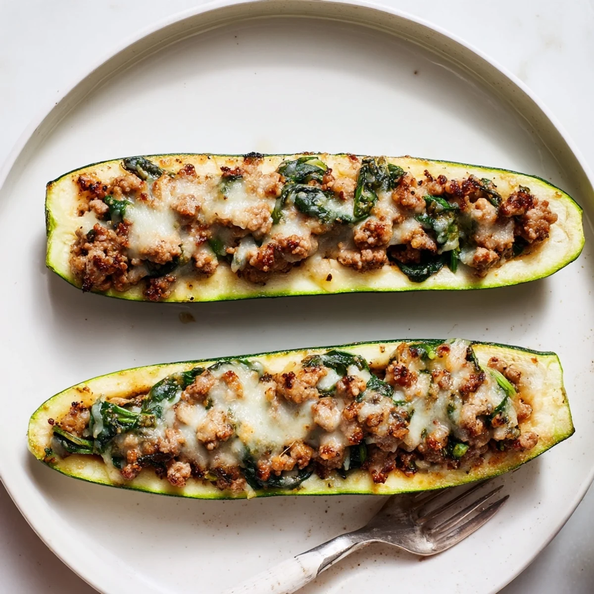 Pesto Turkey and Spinach Zucchini Boats bubbling with melted mozzarella and herb aroma