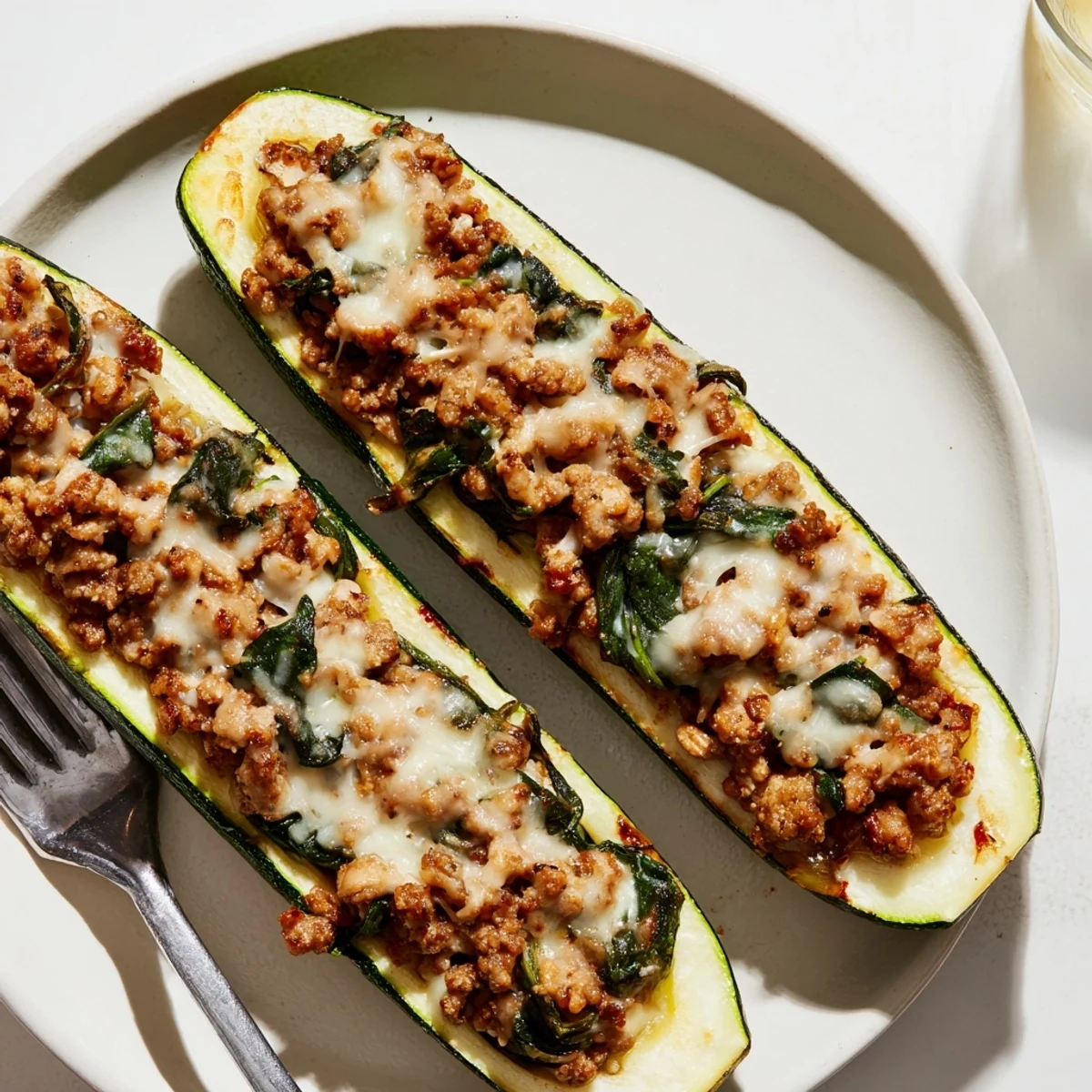 Oven roasted Pesto Turkey and Spinach Zucchini Boats served warm with lemon