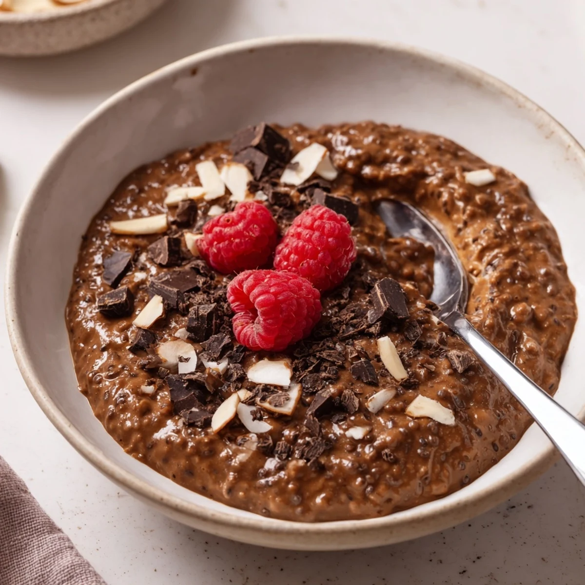 Chocolate Coconut Almond Protein Chia Cream topped with toasted coconut and fresh berries