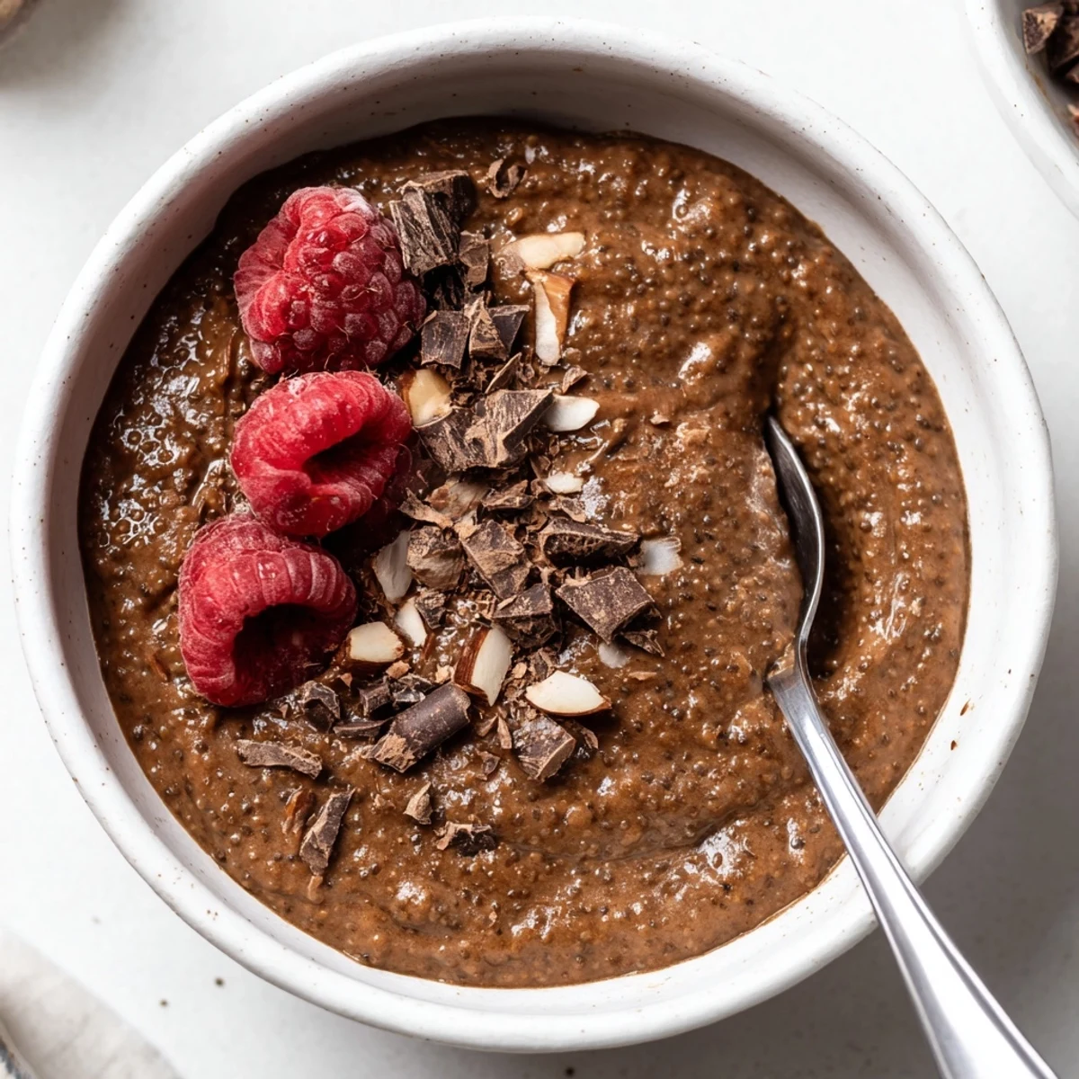 Spoonful of Chocolate Coconut Almond Protein Chia Cream served chilled in small jars