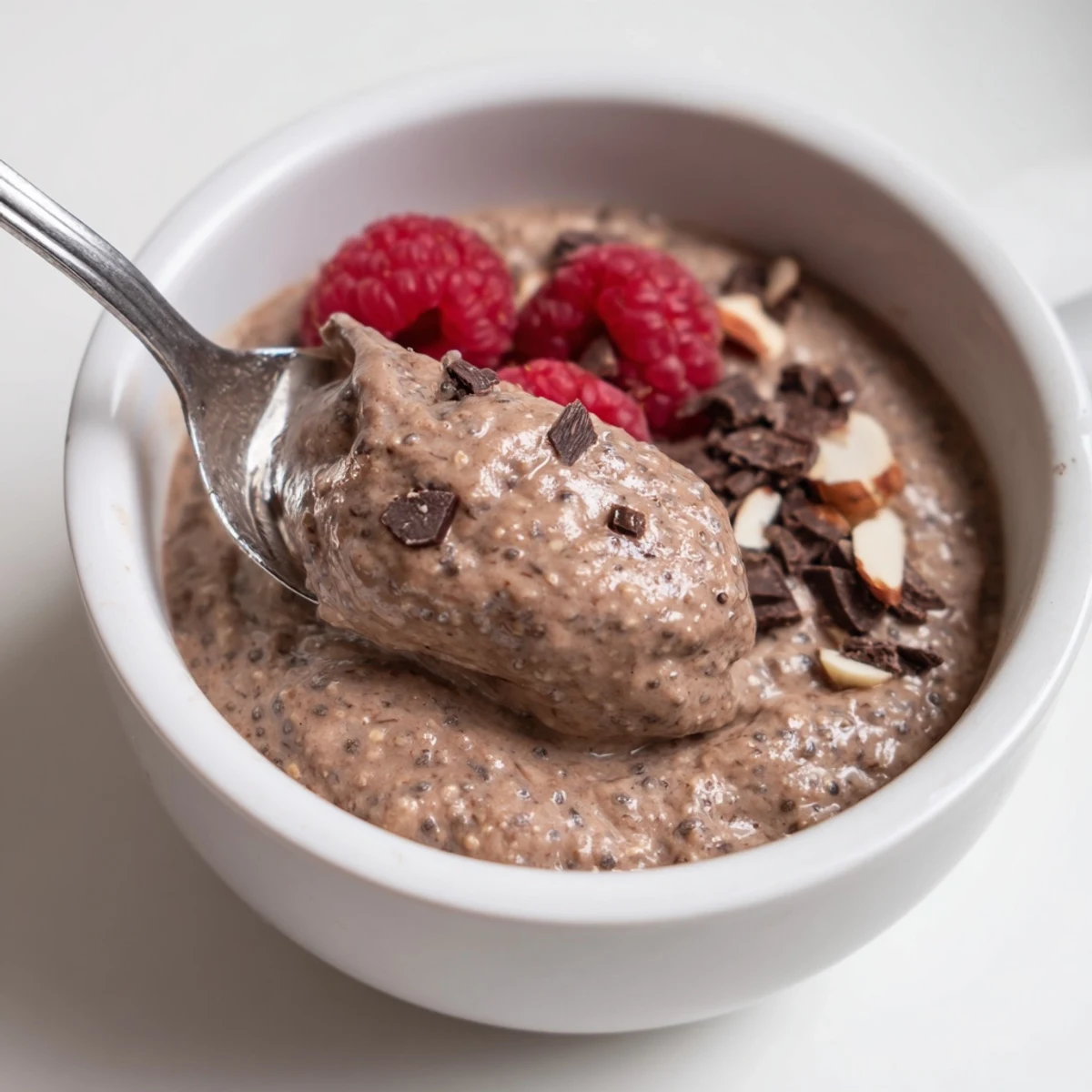 Rich, velvety Chocolate Coconut Almond Protein Chia Cream garnished with chopped almonds