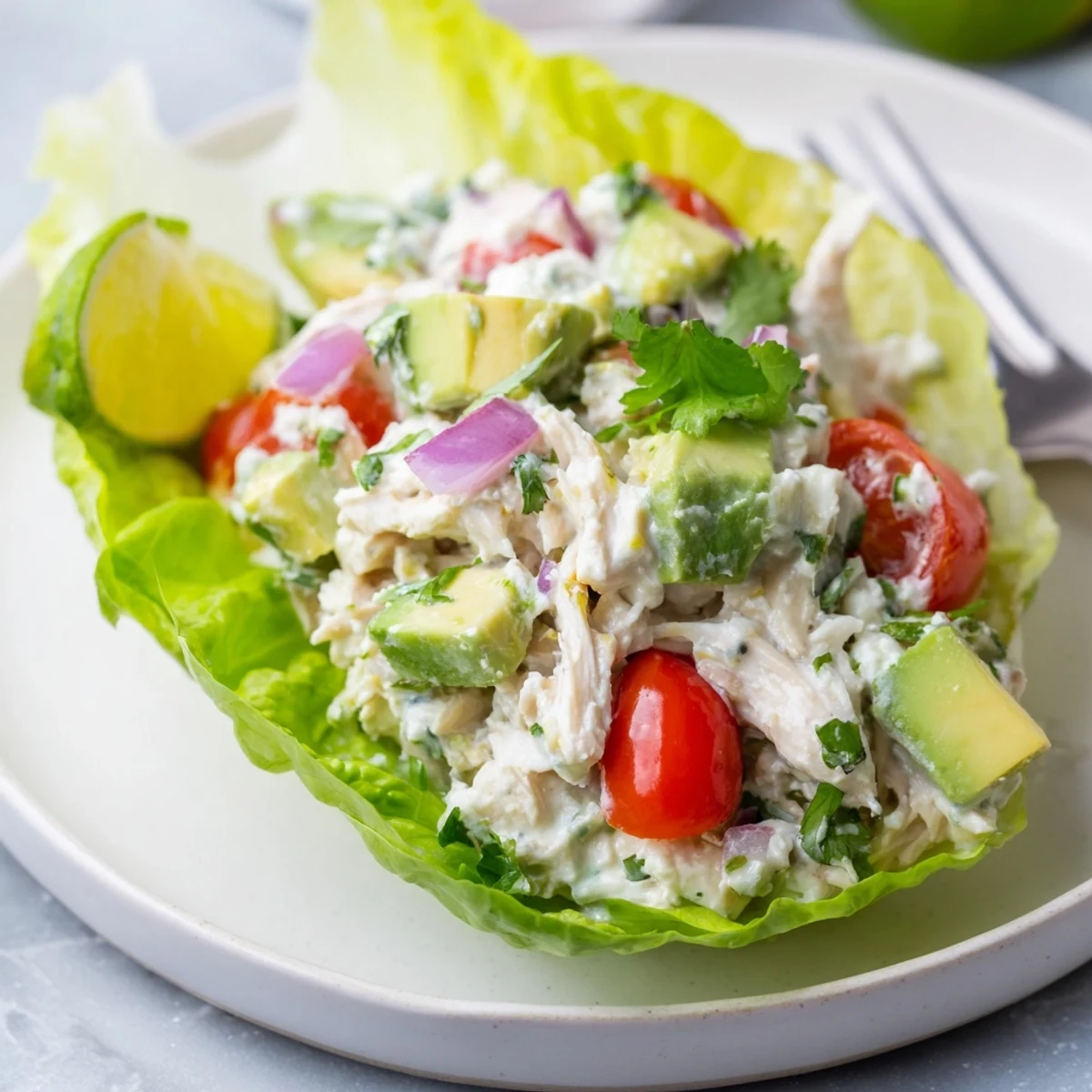 Cottage Cheese Avocado Lime Chicken Salad Cups in crisp lettuce, creamy and zesty