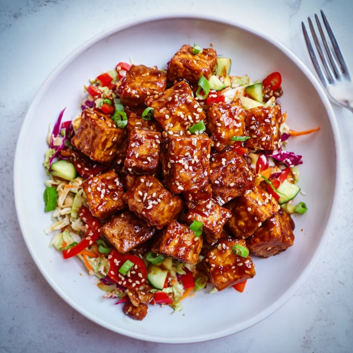 Crispy Chili Garlic Tofu With Sesame Rainbow Slaw glistening, served over jasmine rice.